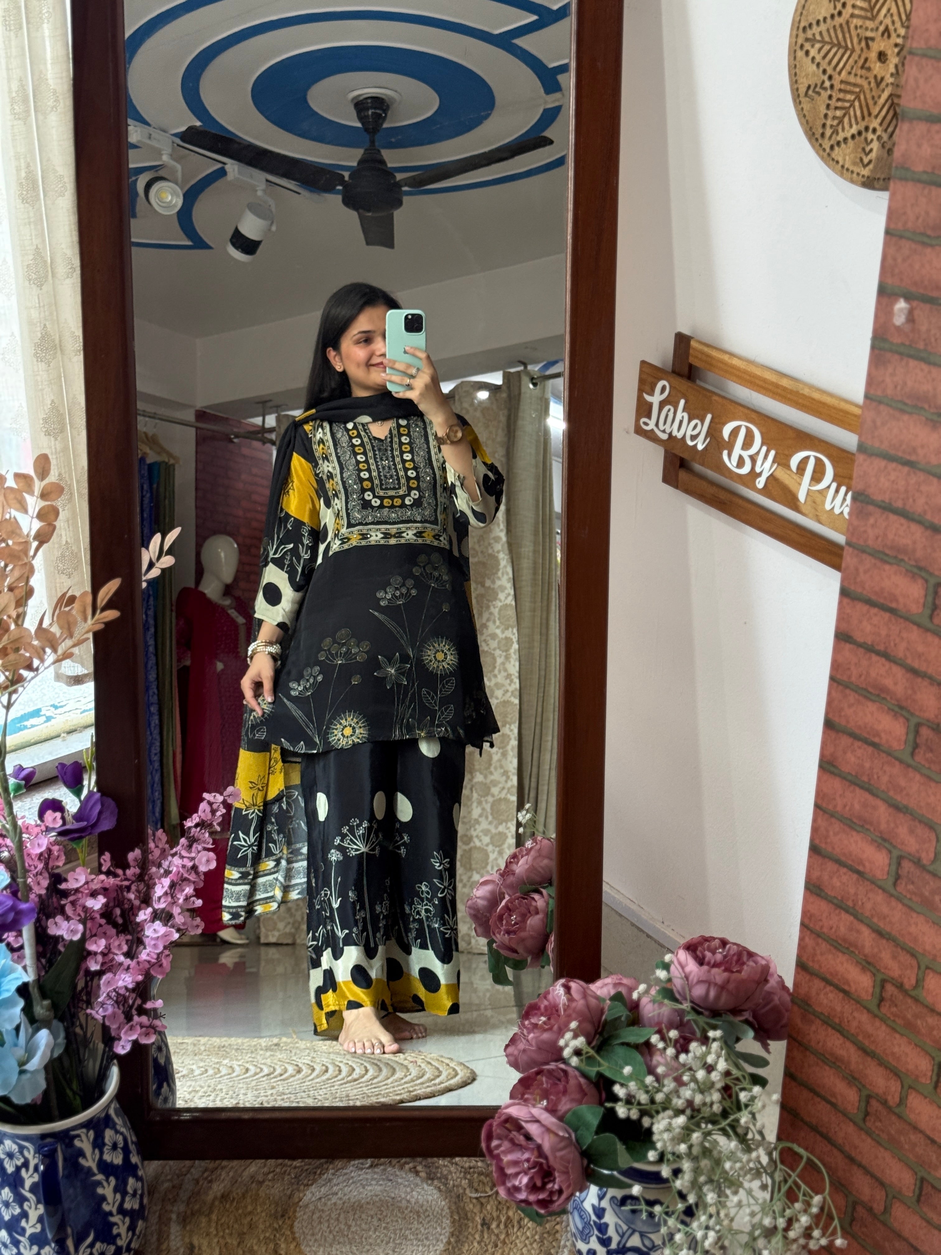 Black Muslin Suit | Hand embroidered | Cotton lining| With Chinon Duppata|