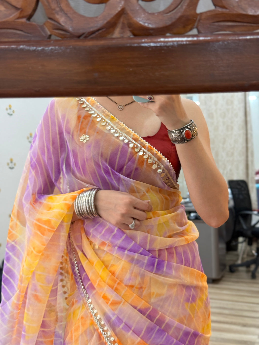 Dal tone Leheriya Georgette Leheriya Saree|  Handwork Gota patti work| With blouse u