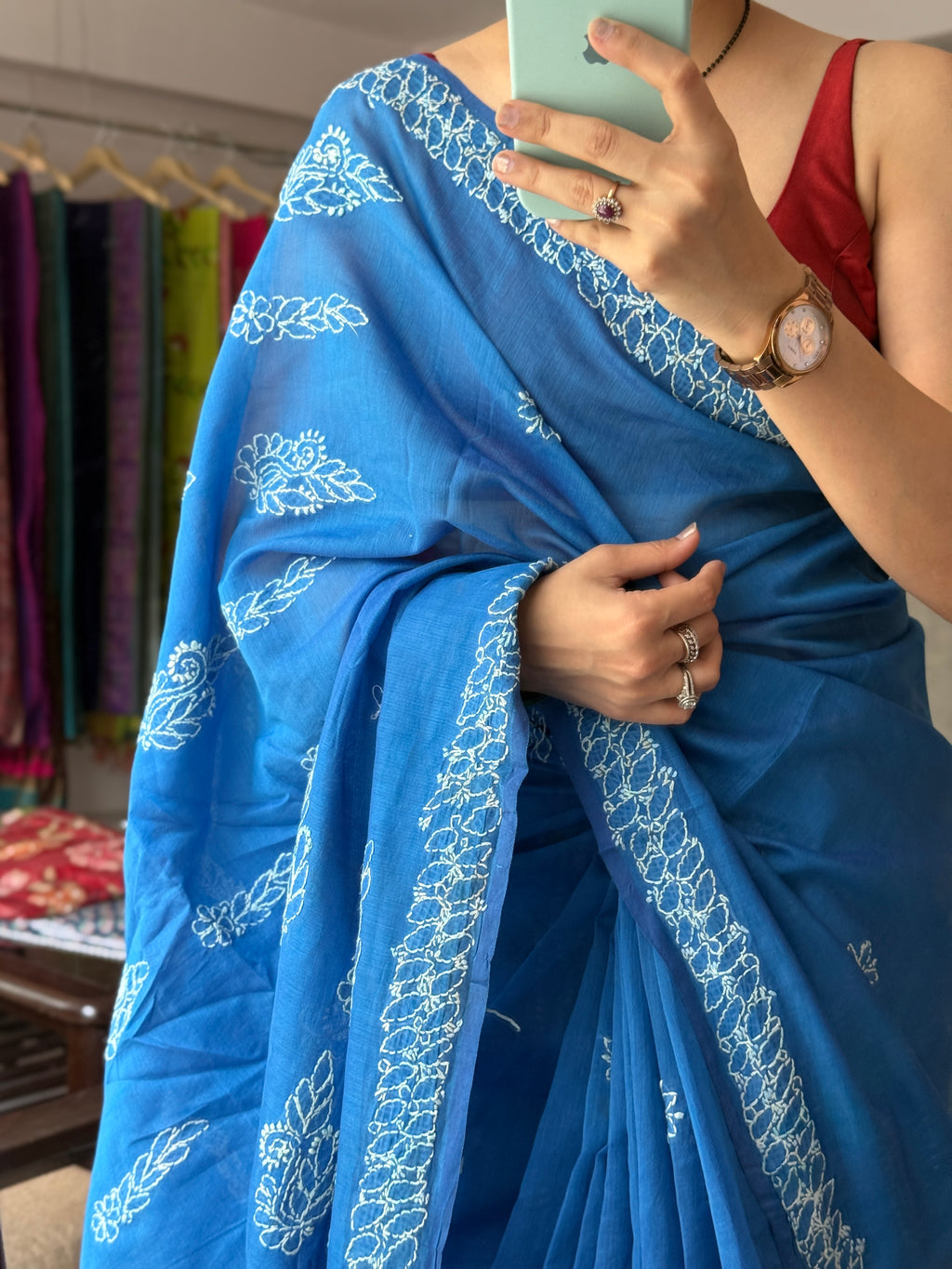 Blue Hand Embroidered Chikanakri Saree| Mul Chanderi Fabric| With embroidered blouse