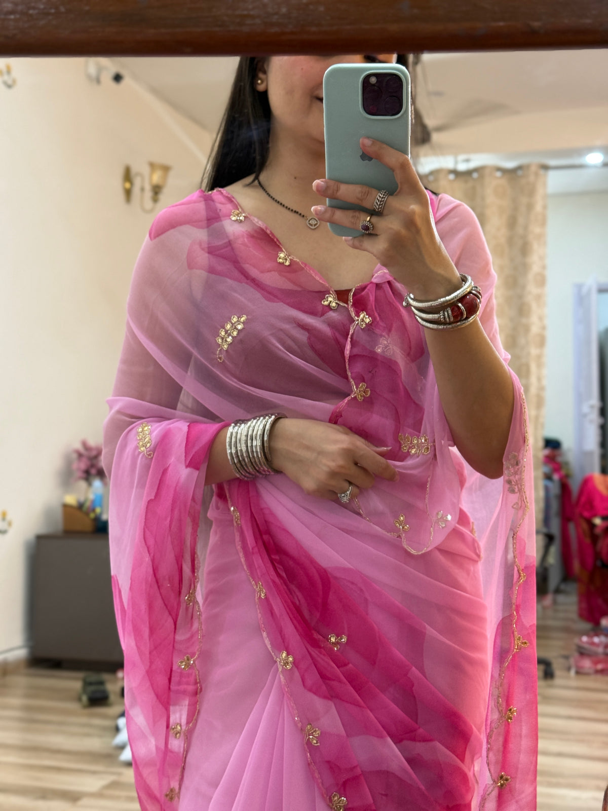 Floral Pure Georgette Handblock Digital Printed Saree| Handwork cutdana detailing| Without blouse