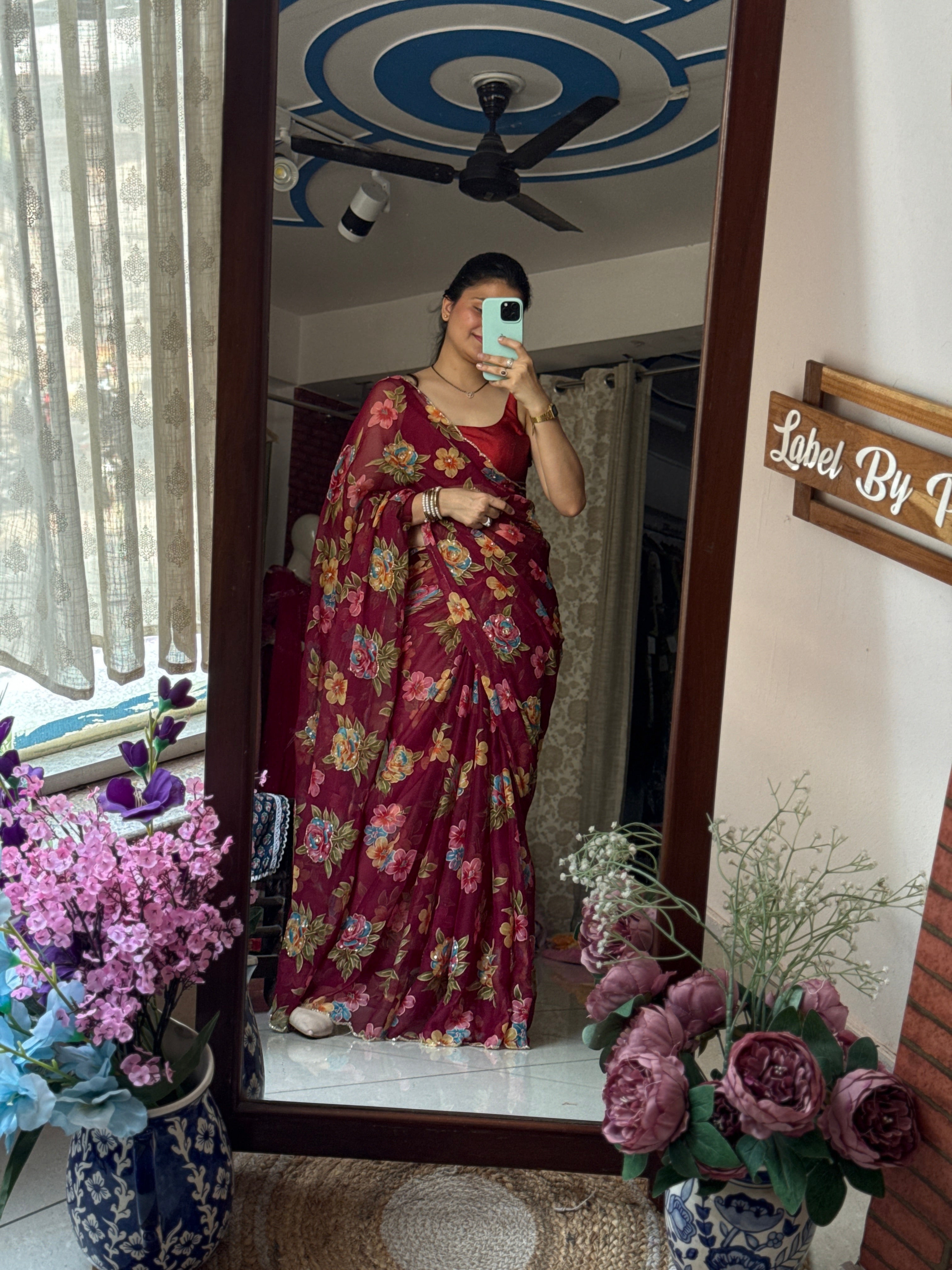 Wine floral |Pure Georgette Digital Printed Saree| Handwork cutdana detailing| Without blouse