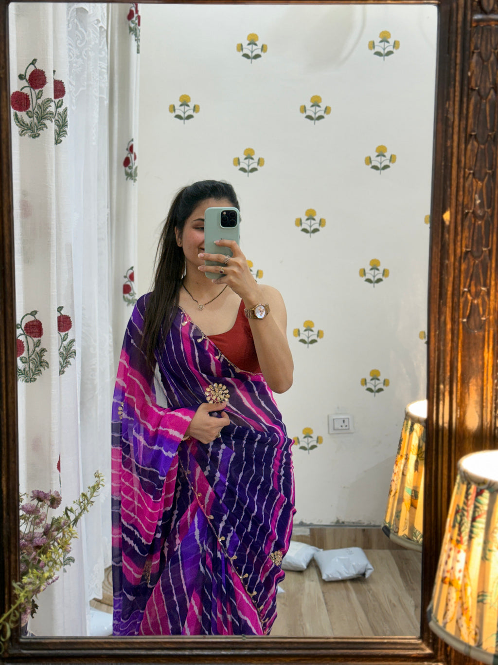 Purple Leheriya Pure Georgette Saree | Cutdana Handwork | With blouse