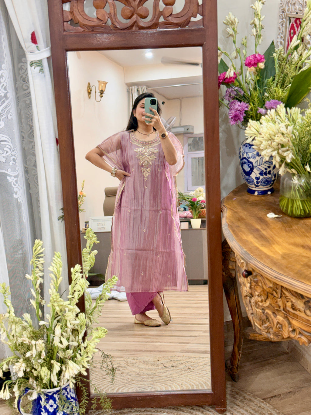 Designer Partywear Crushed Tissue Kaftan suit | With inner| Hand Embroidered
