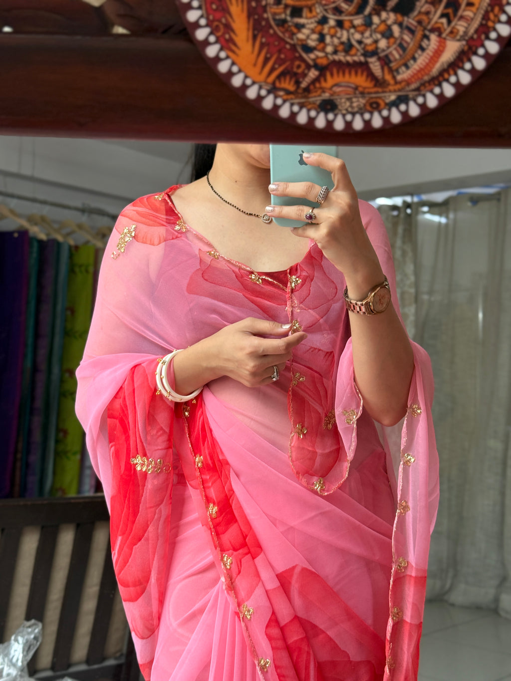 Pink Pure Georgette Handblock Digital Printed Saree| Handwork cutdana detailing| Without blouse