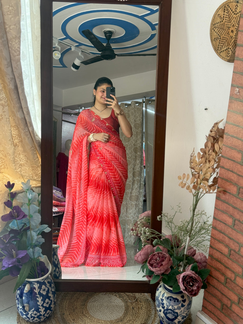 Dual tone Leheriya |Pure Georgette Digital Printed Saree| Handwork cutdana detailing| Without blouse