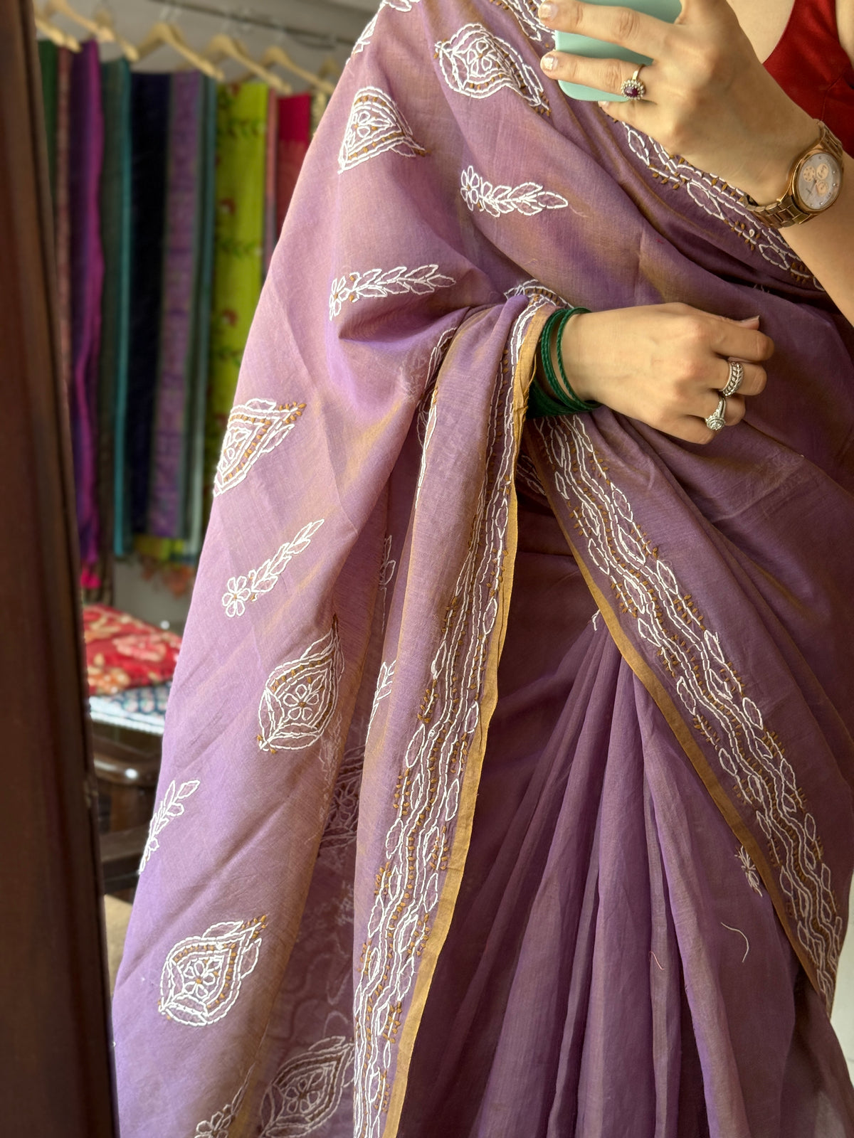 Dual tone Hand Embroidered Chikanakri Saree| Mul Chanderi Fabric| With embroidered blouse