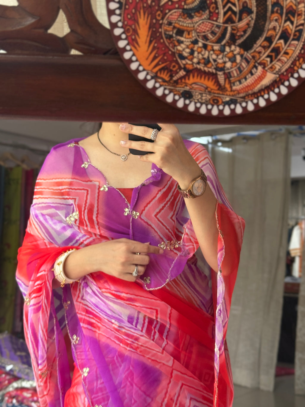 Dual Leheriya |Pure Georgette Digital Printed Saree| Handwork cutdana detailing| Without blouse