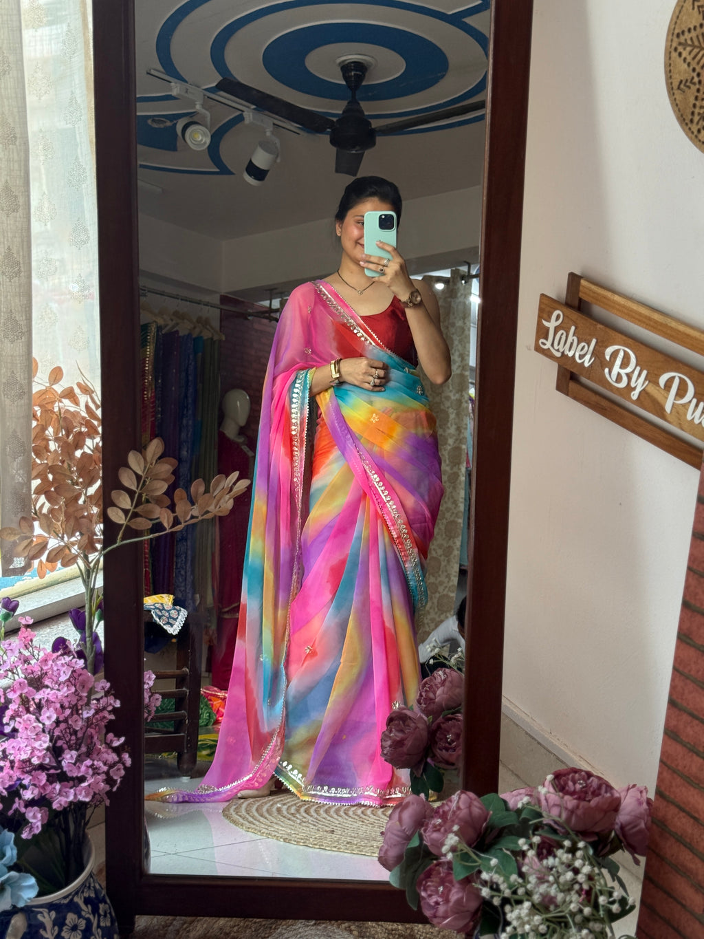 Multi Leheriya  Chiffon Leheriya Saree|  Handwork Gota patti work| With blouse