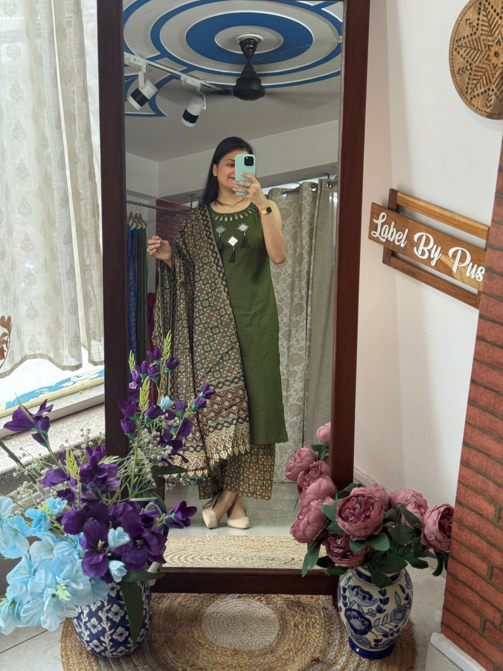 Green Ajrakh Sleeveless Suit Set