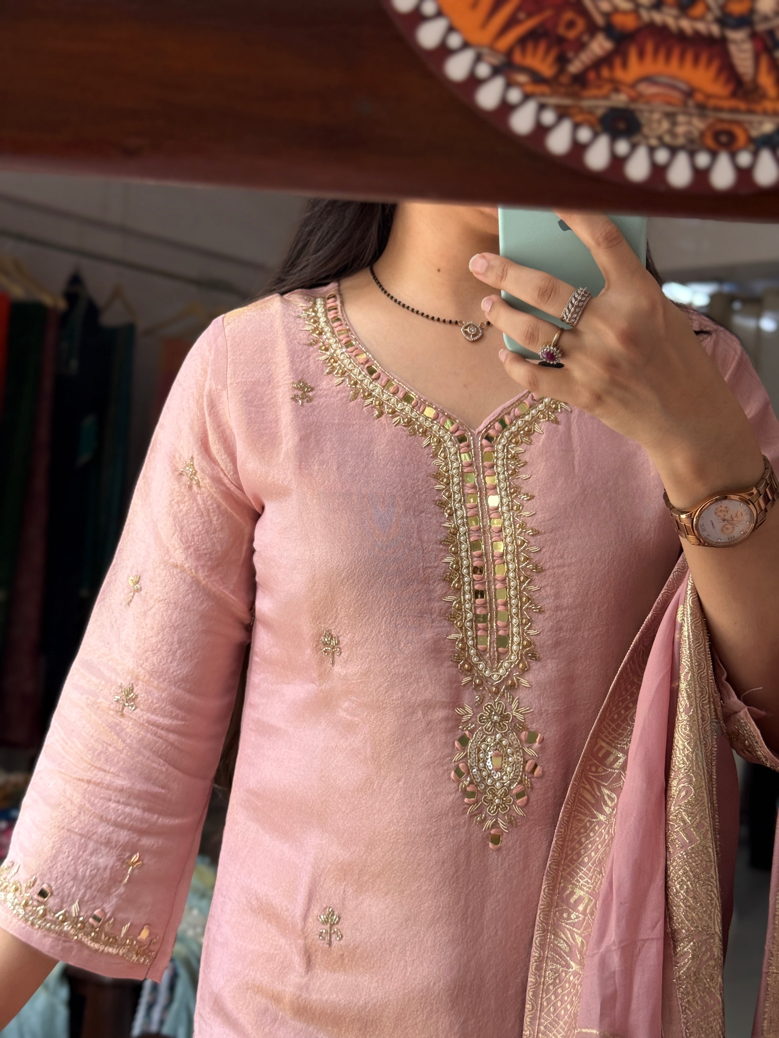Hand Embroidered Tissue Shimmer Suit| Designer sleeves, bottom with Pure Duppata lacework| within lining