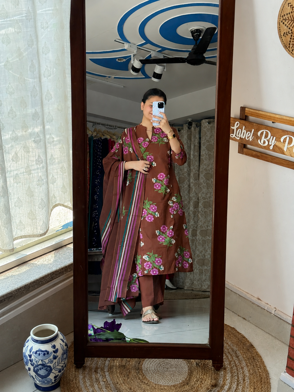 Brown Floral Printed Suit Set for Women | Elegant Ethnic Wear with Dupatta