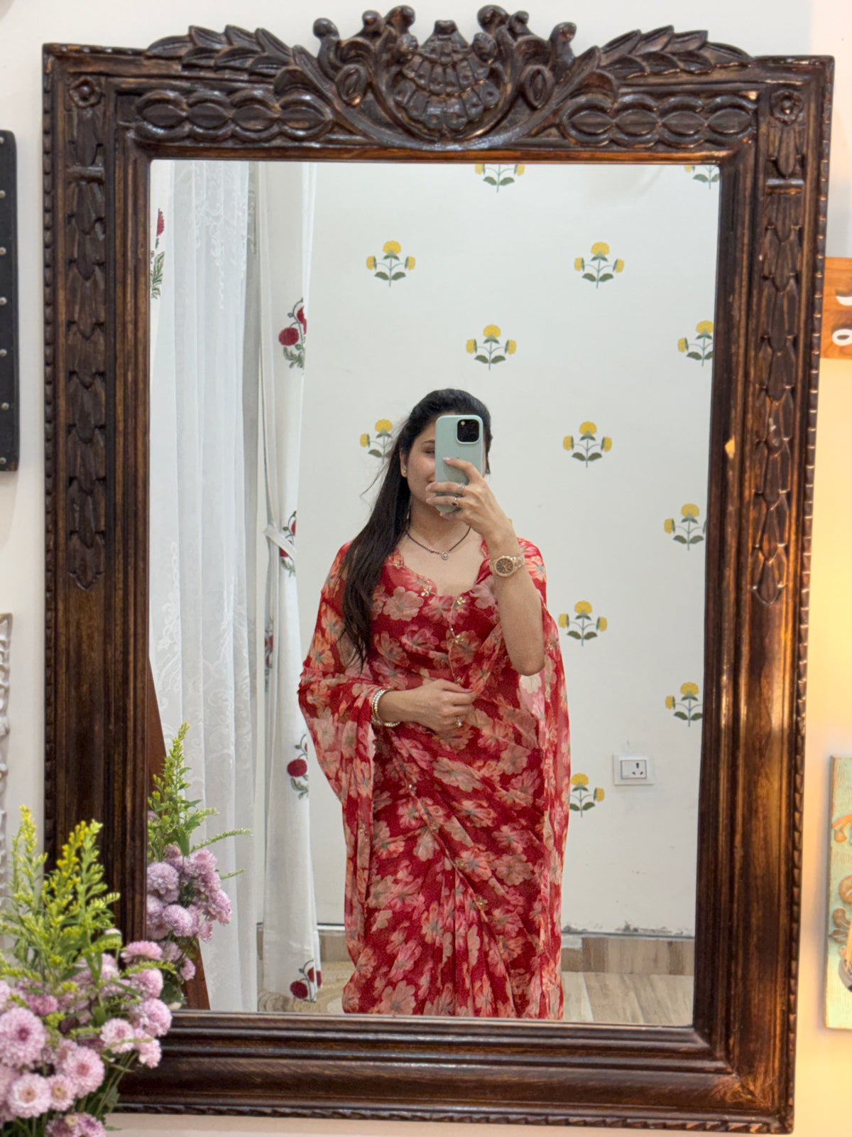 Red Floral |Pure Georgette Digital Printed Saree| Handwork cutdana detailing| Without blouse