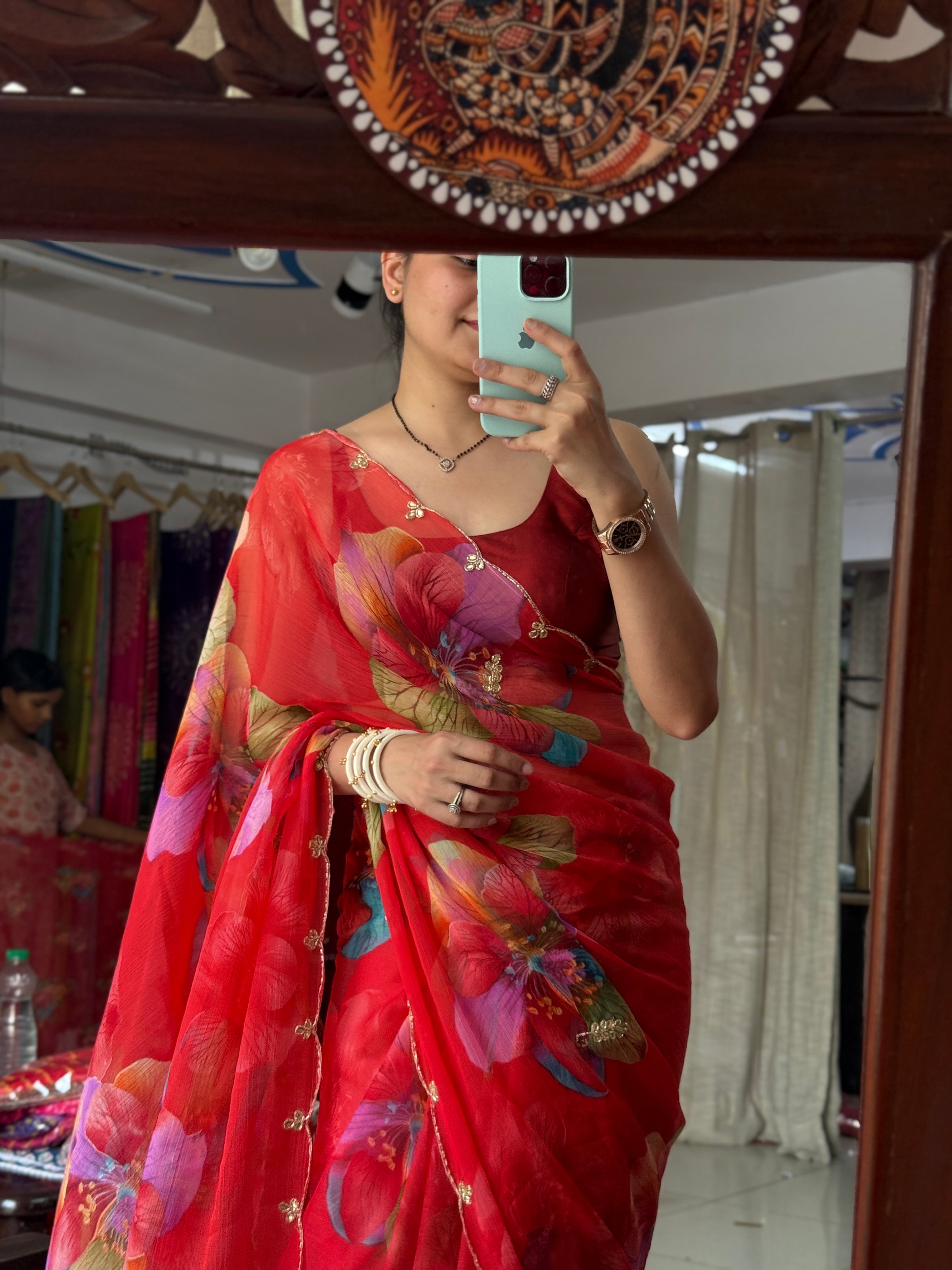 Red floral |Pure Georgette Digital Printed Saree| Handwork cutdana detailing| Without blouse