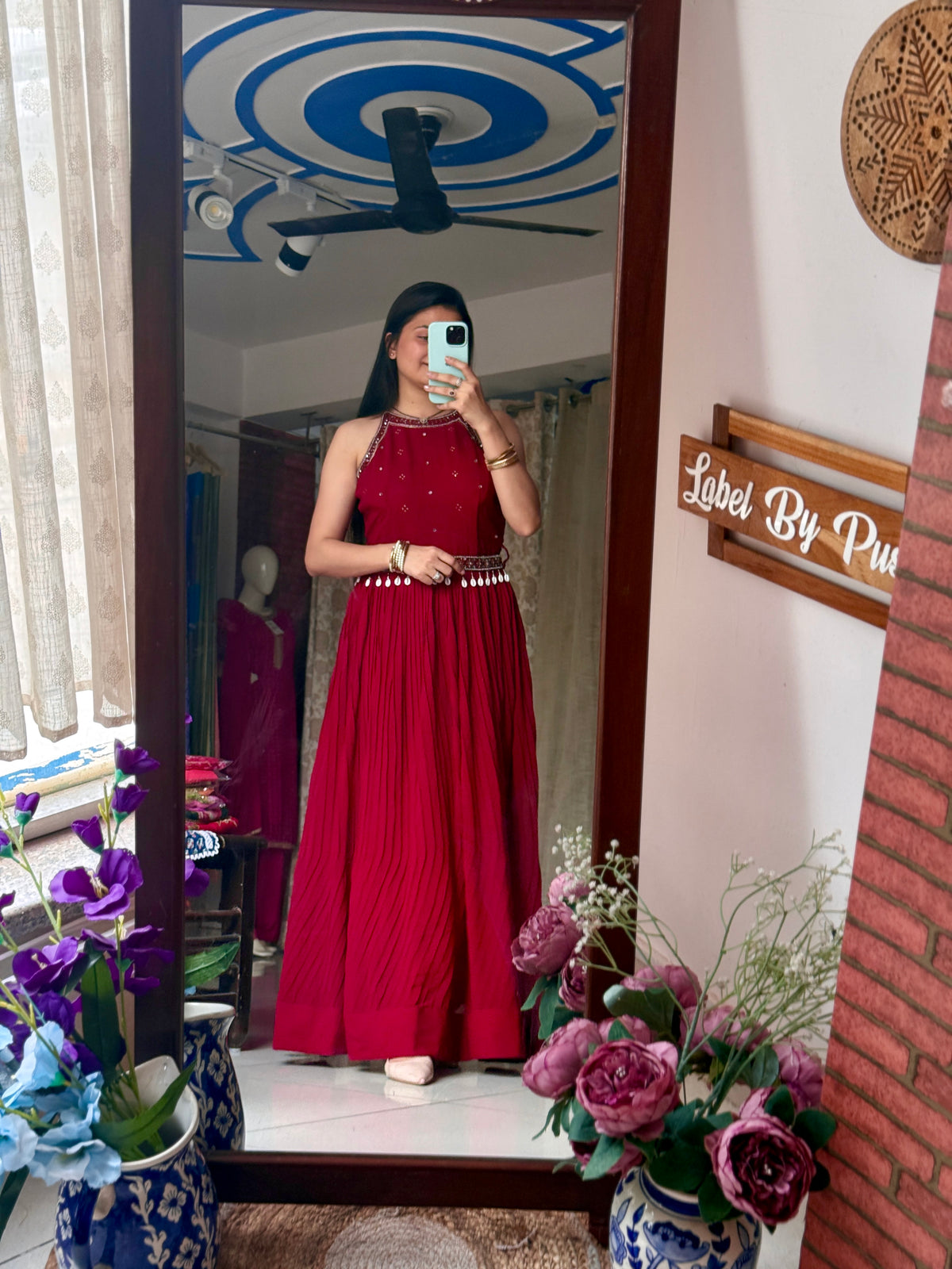 Red Partywear Hand embroidered Dress| Extra sleeves| Comes with hand embroidered belt| Duppata for styling| Rakhi Special
