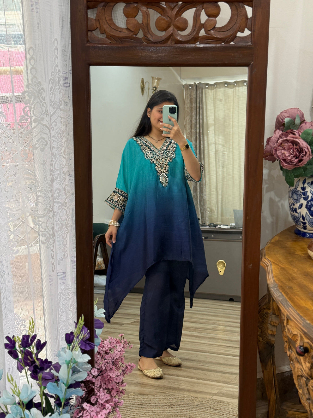 Peacock blue suit | With cotton lining| Embroidered| Stylish neckline