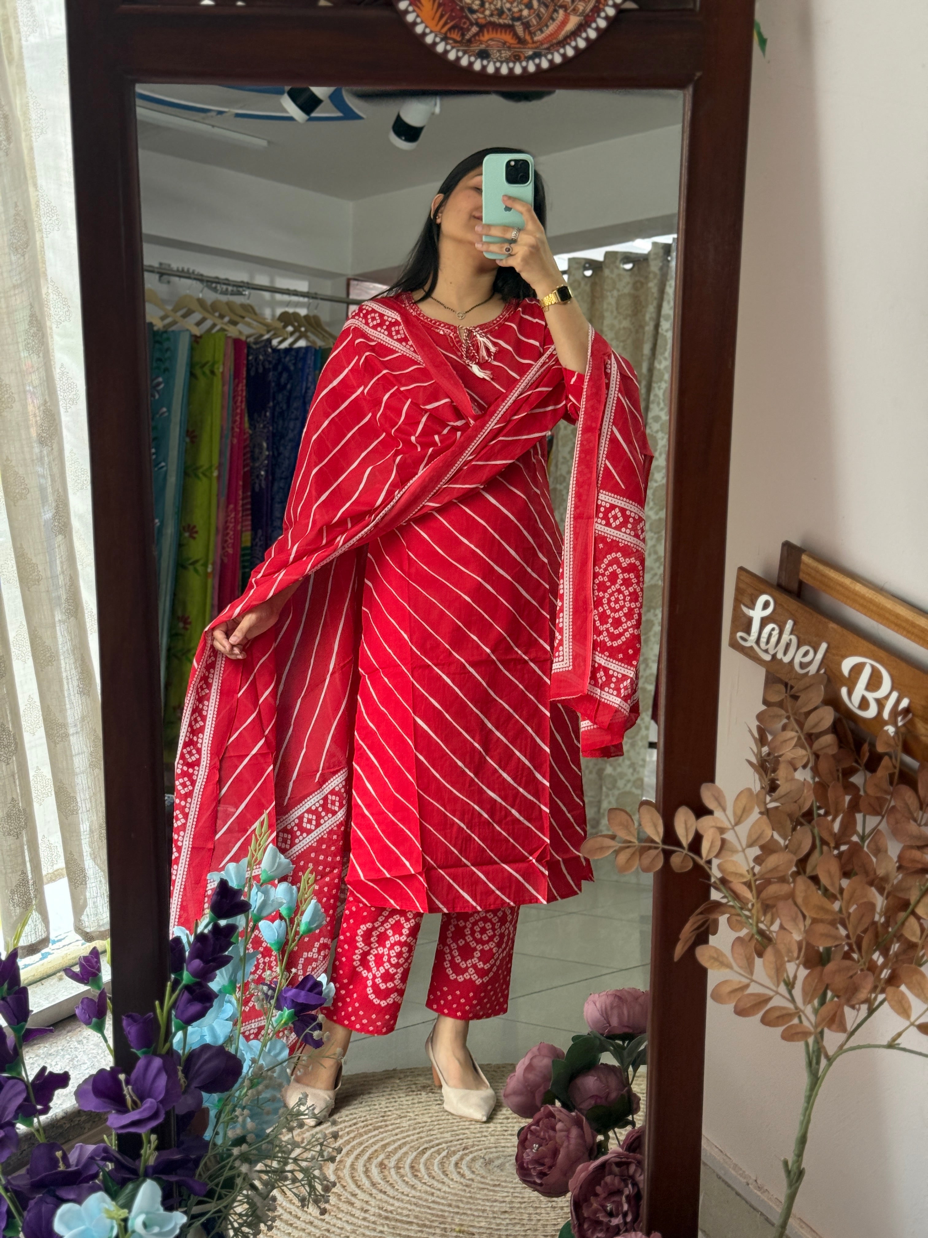 Red cotton Leheriya with bandhani bottom and a cotton Duppata