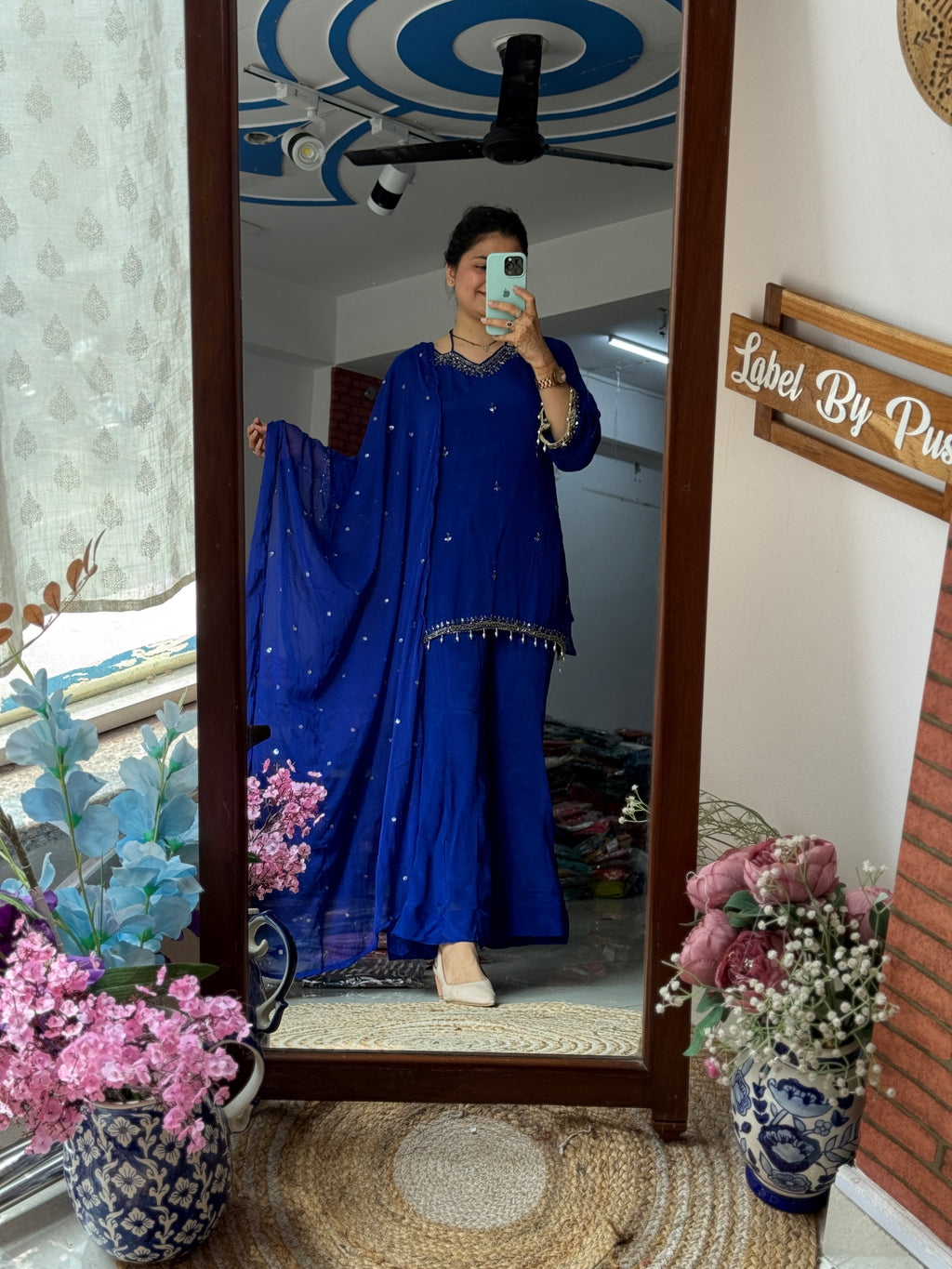 Blue Sharara Set| Chinon | lining in top + bottom | Hand Embroidered | Embroidered Duppata