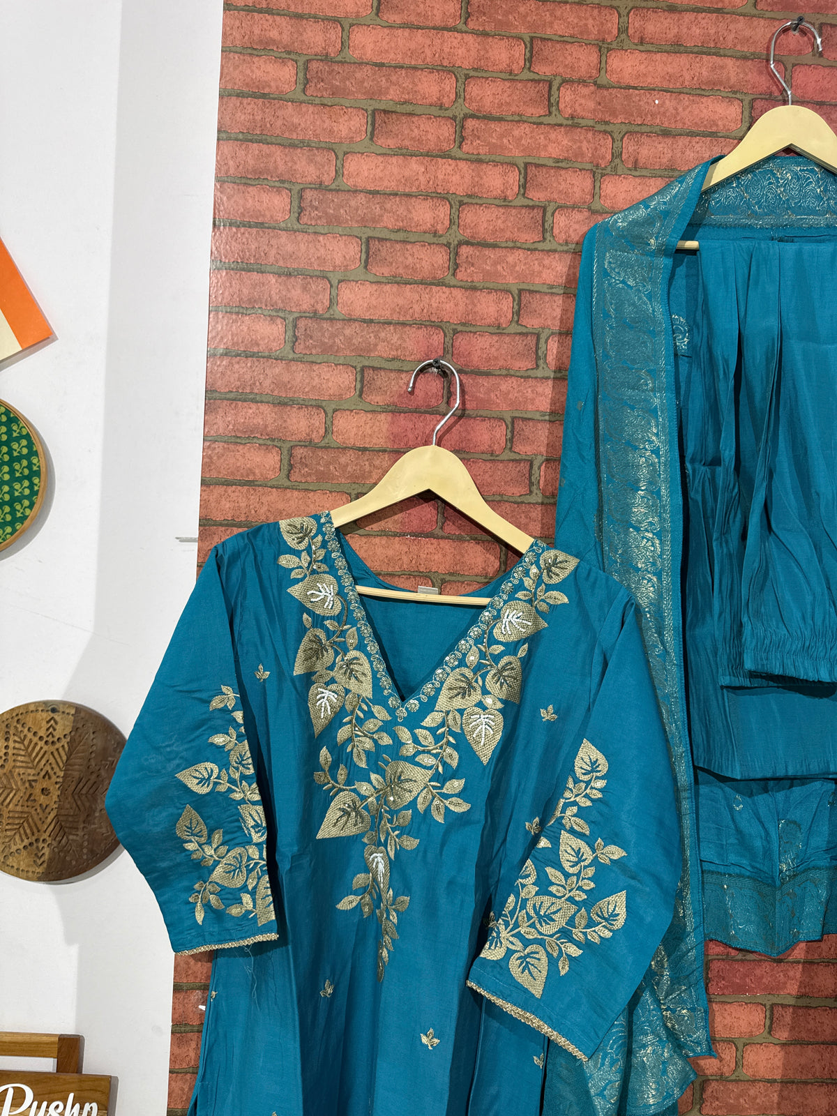 Firozi Suit Set | Silk cotton  | With lining| Embroidered|Designer sleeves
