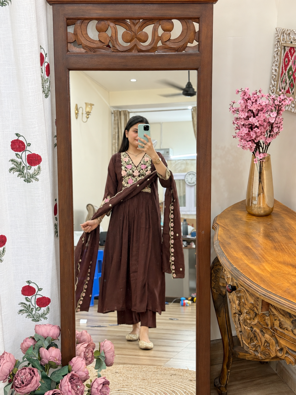 Brown Mul Chanderi Suit | With cotton lining| With Embroidered Duppata