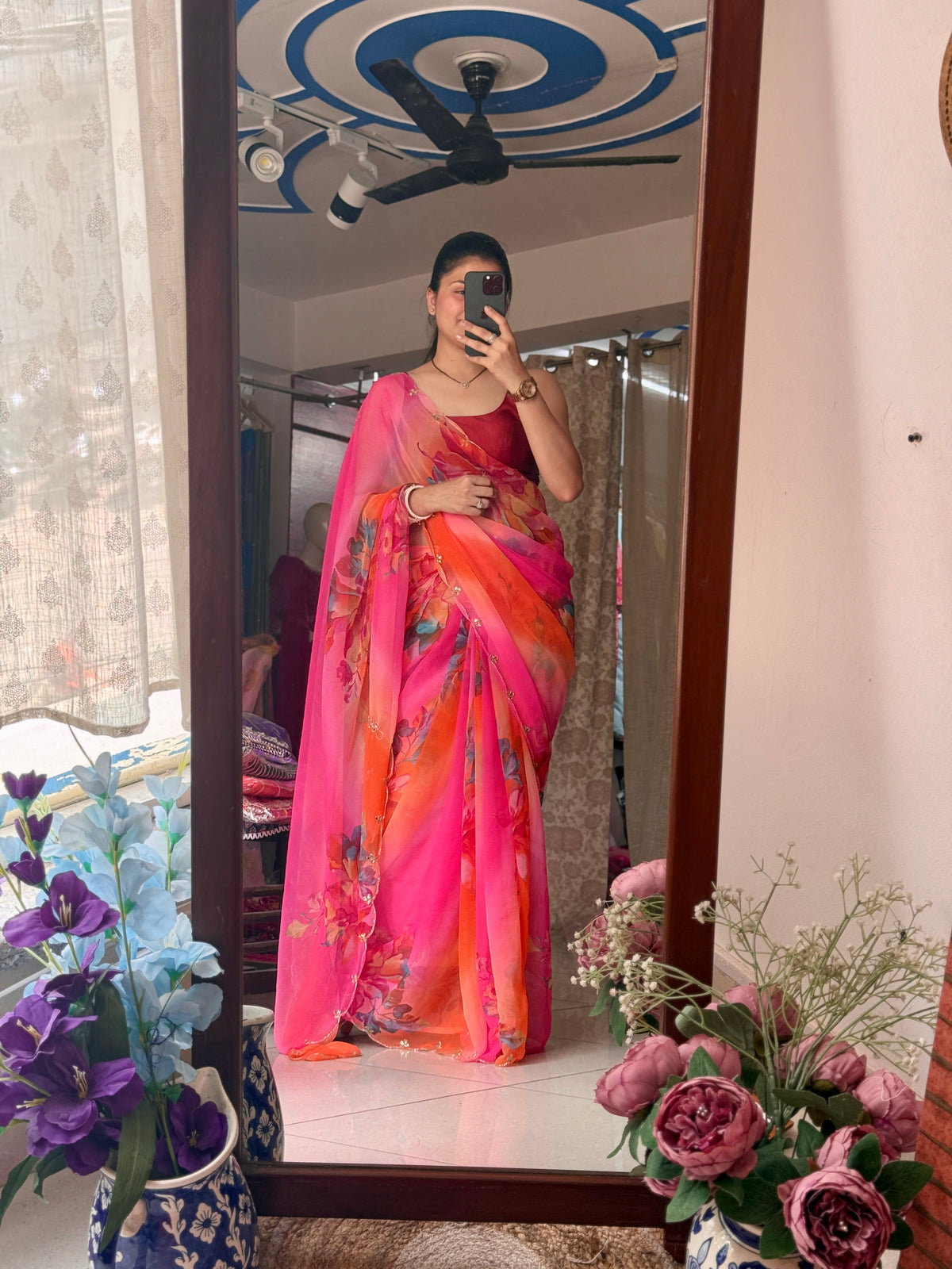 Peachy Pink |Pure Georgette Digital Printed Saree| Handwork cutdana detailing| Without blouse
