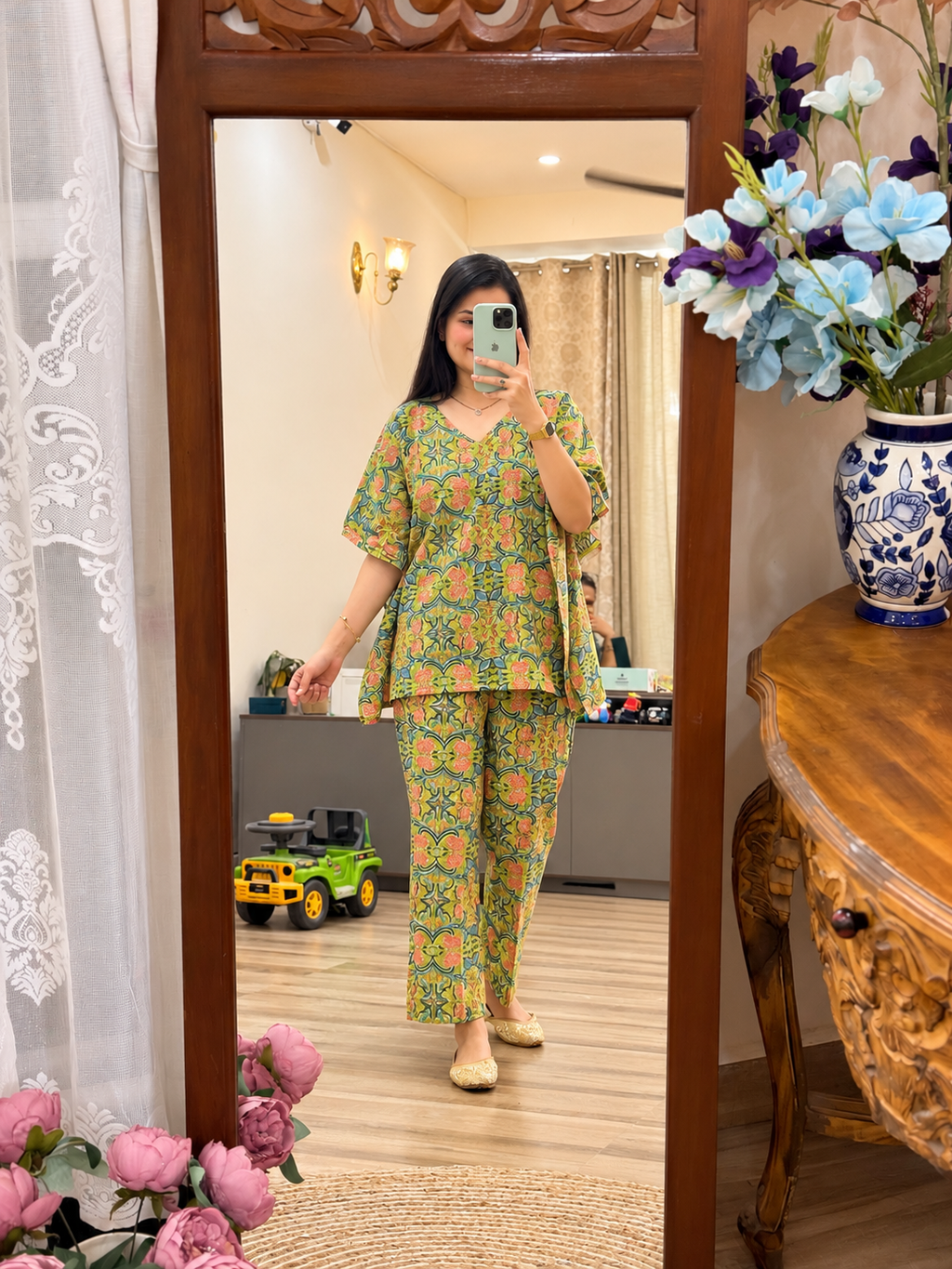 Pure Cotton Floral light green Handblock Printed| kaftan Sets| Bottom with pocket