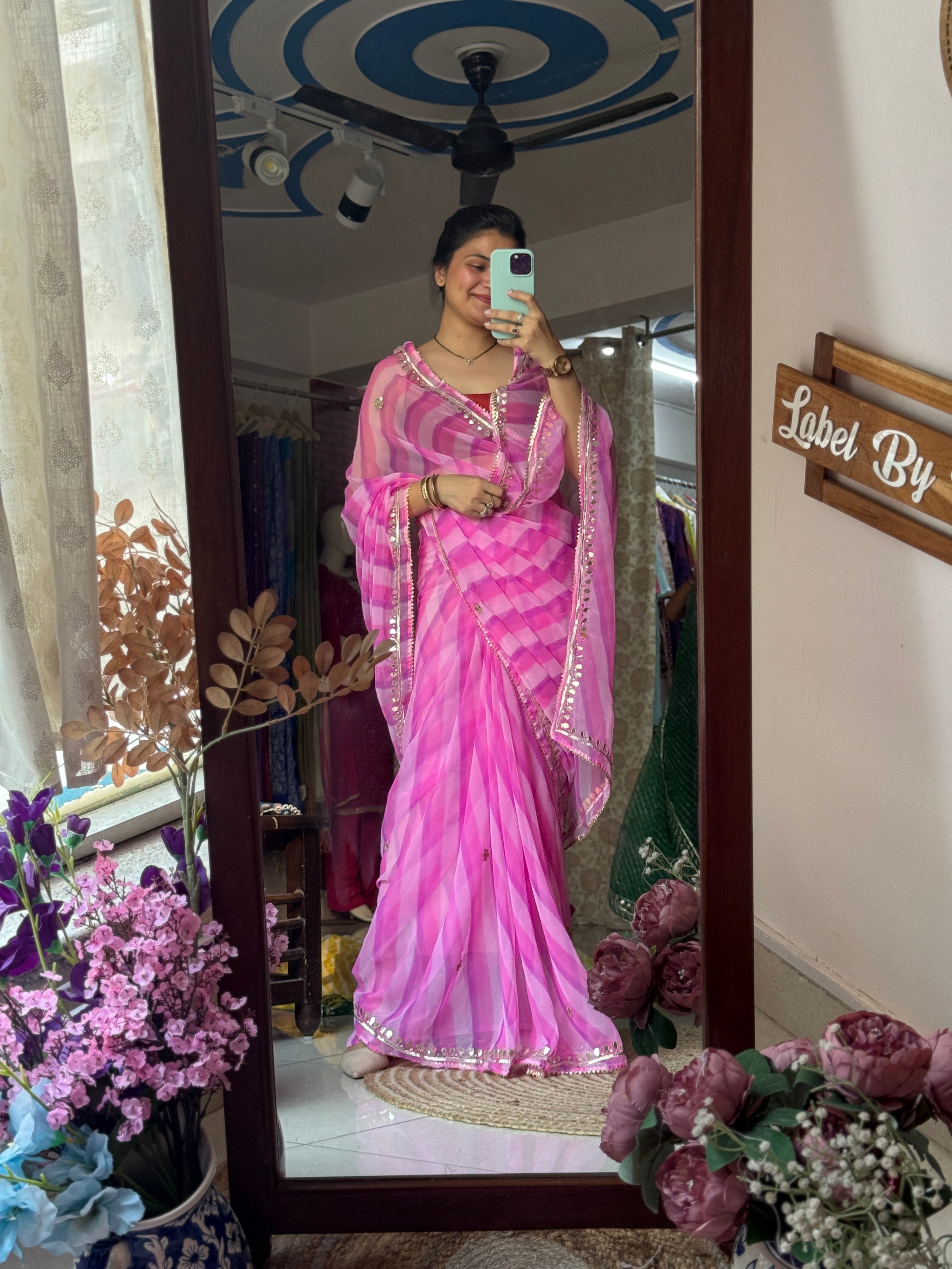 Dual Pink  Leheriya Saree|  Handwork Gota patti work| With blouse
