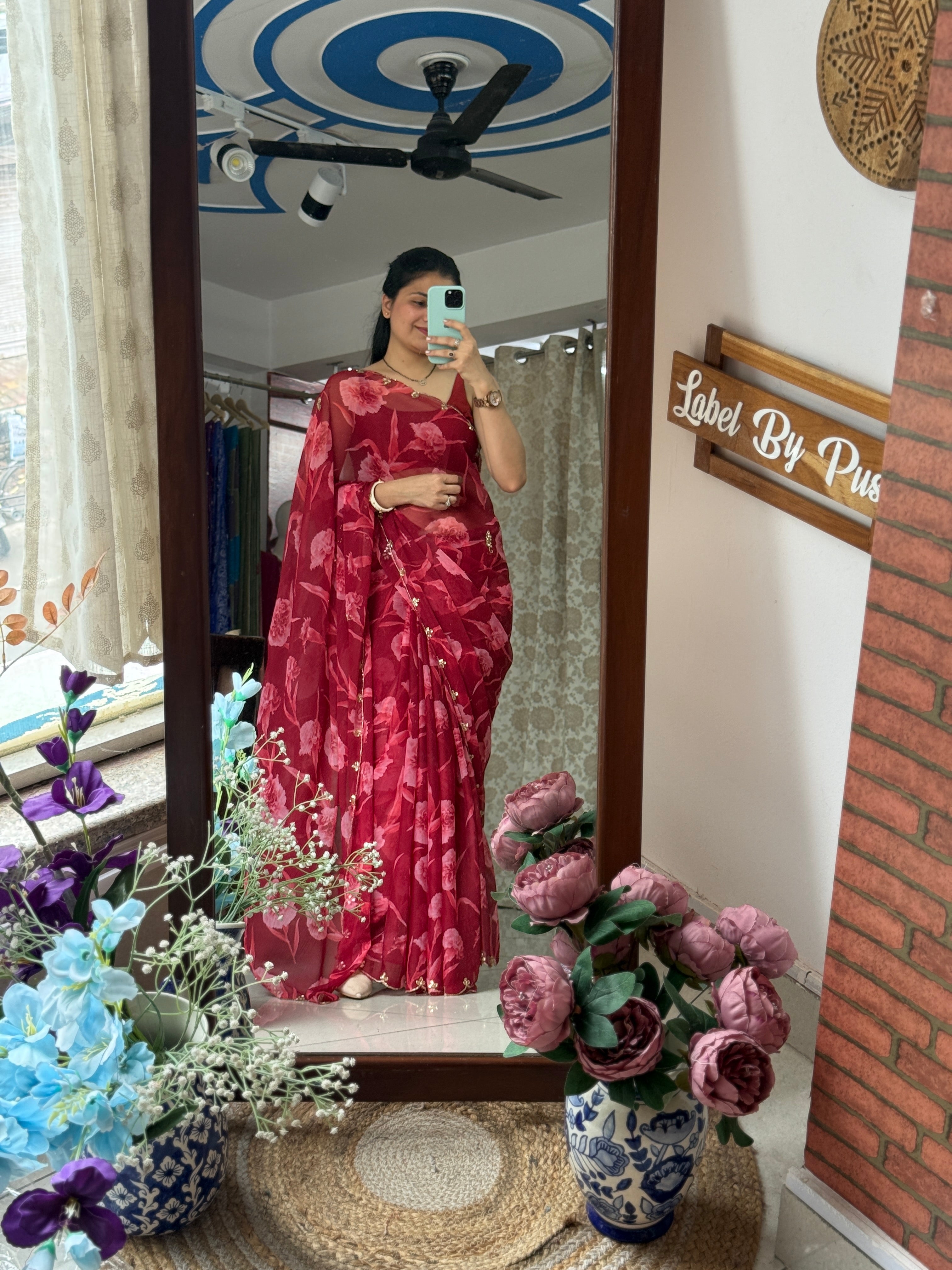 Red Pure Georgette Handblock Digital Printed Saree| Handwork cutdana detailing| Without blouse