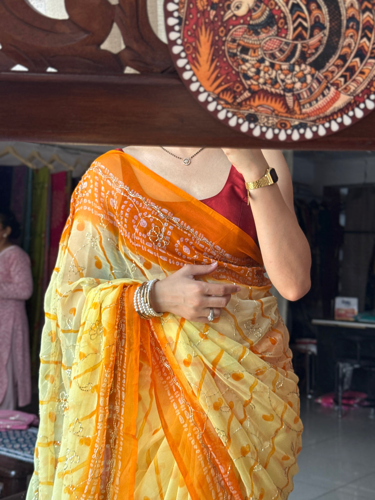 Dual tone Pure Georgette Saree| Handwork cutdana detailing| With blouse