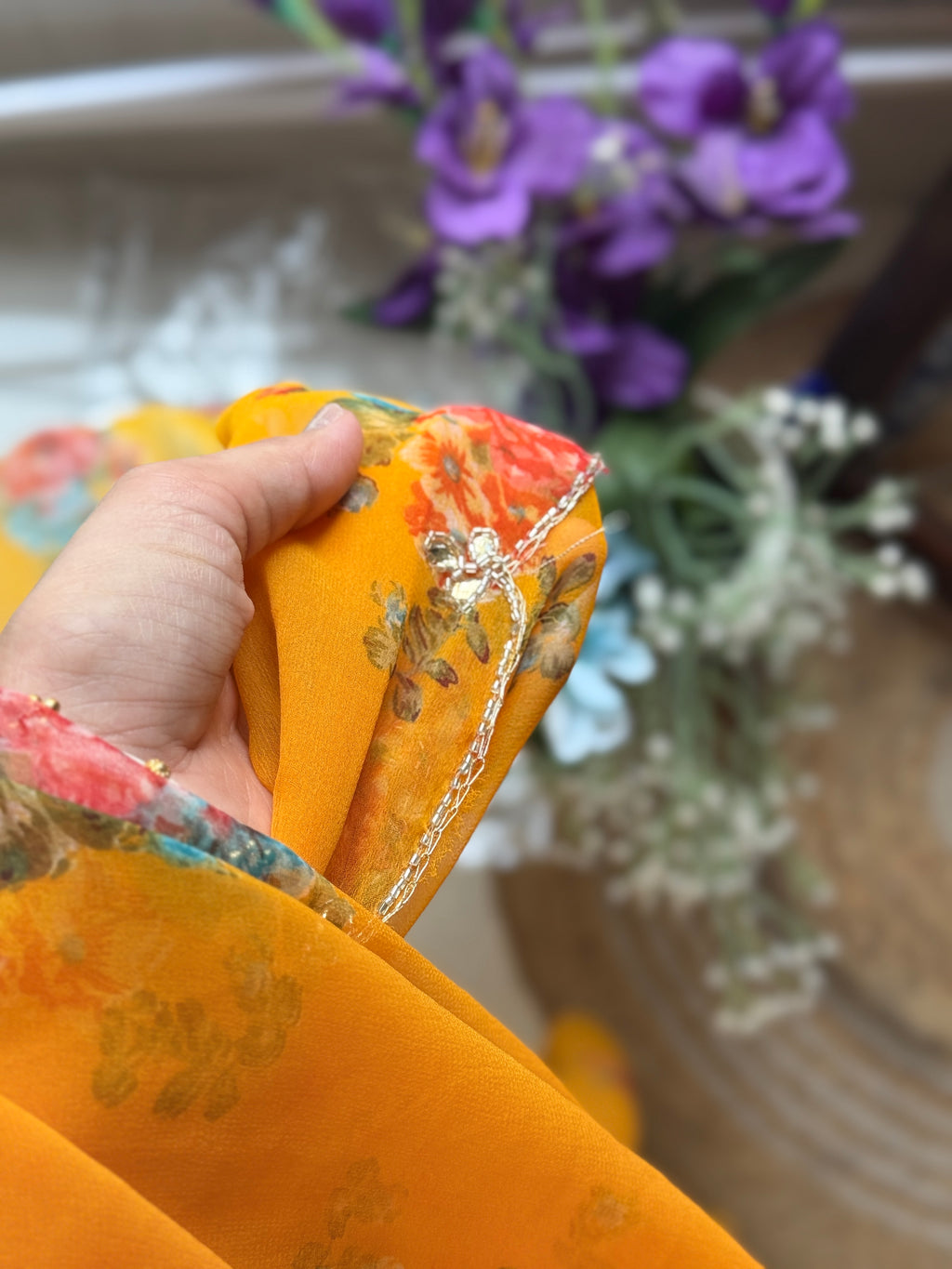 Yellow Pure Georgette Handblock Digital Printed Saree| Handwork cutdana detailing| Without blouse