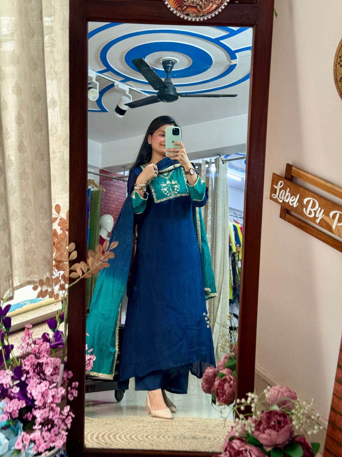 Blue Green Chinon Suit Set with Hand Embroidered Neckline & Designer sleeves and bottom with dual tone Duppata with lacework