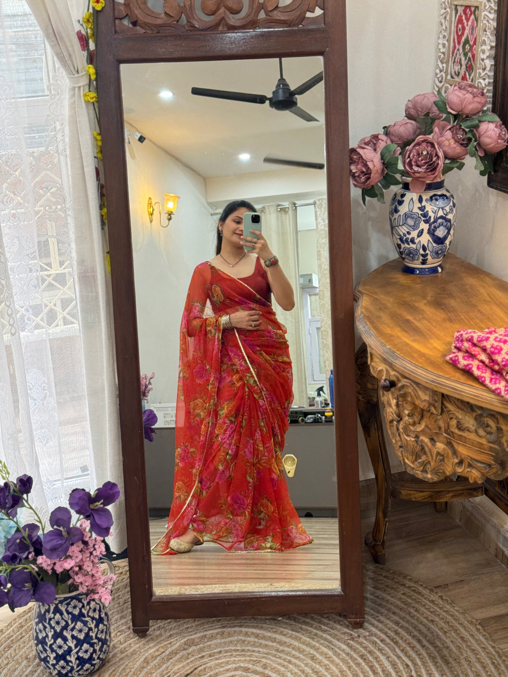 Orange Floral |Pure Georgette Digital Printed Saree| Handwork cutdana detailing| Without blouse