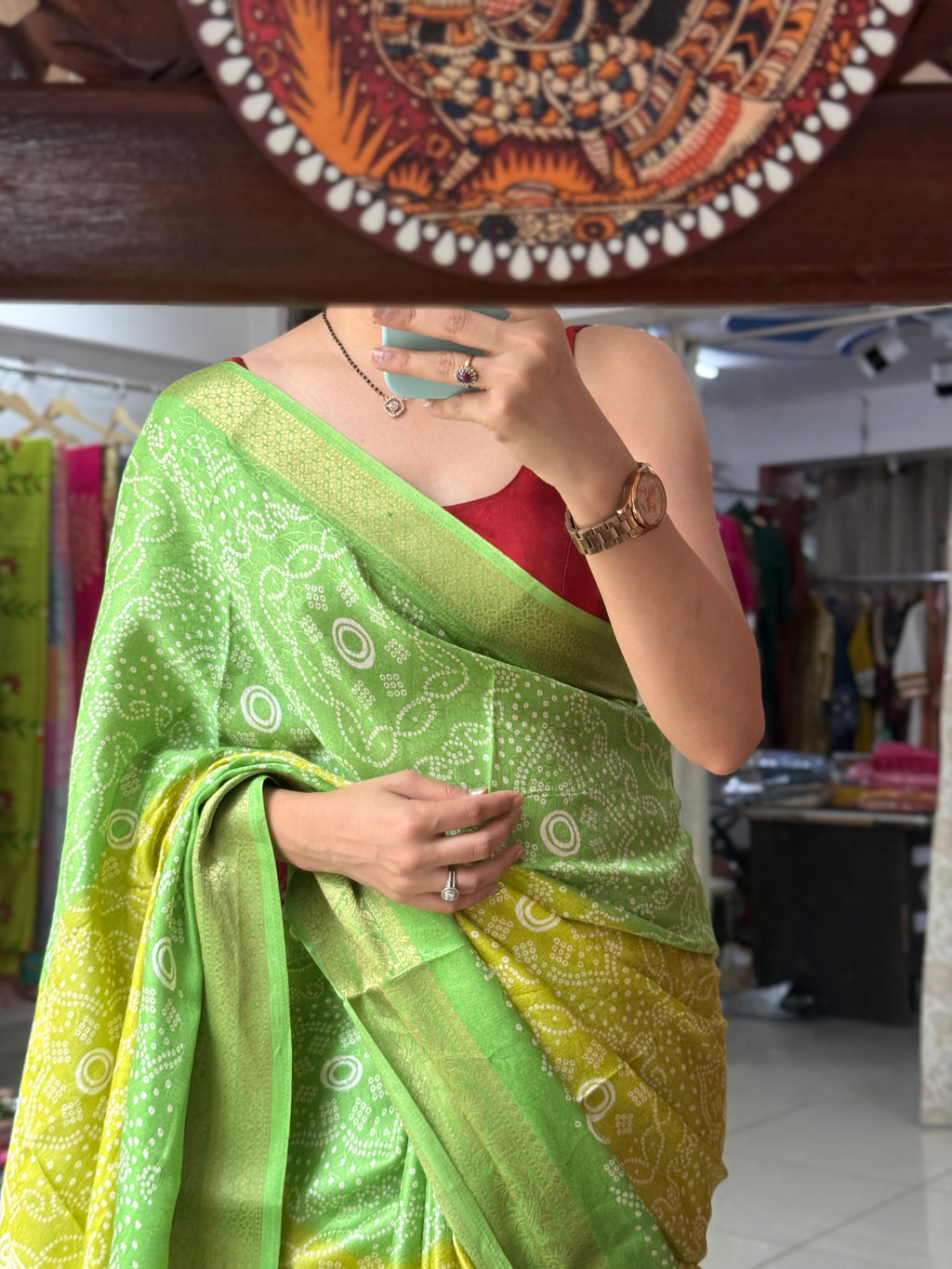 Green Yellow Bandhani Saree|  Woven border on both sides| With blouse| Self weave dola silk
