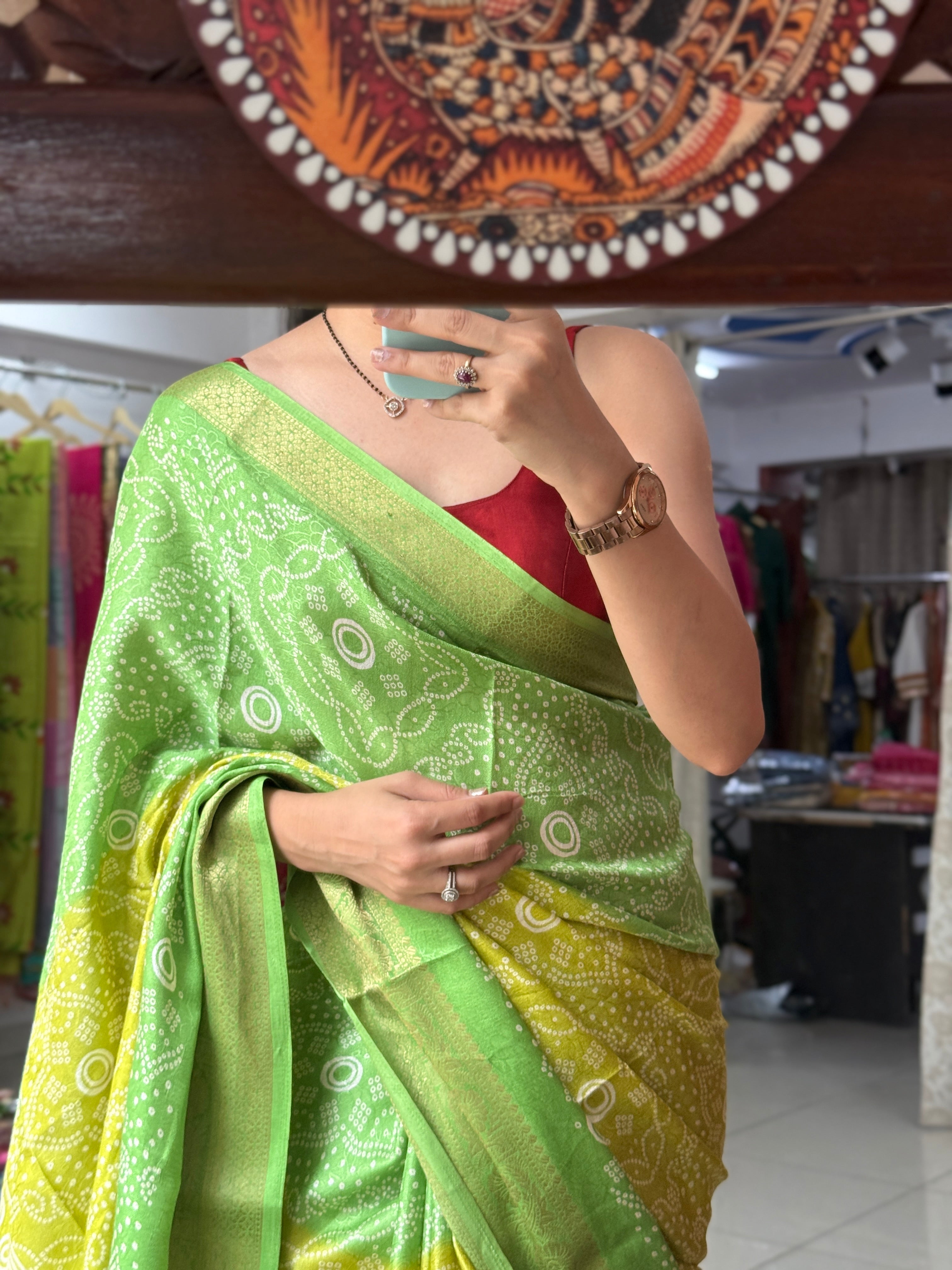 Green Yellow Bandhani Saree|  Woven border on both sides| With blouse| Self weave dola silk