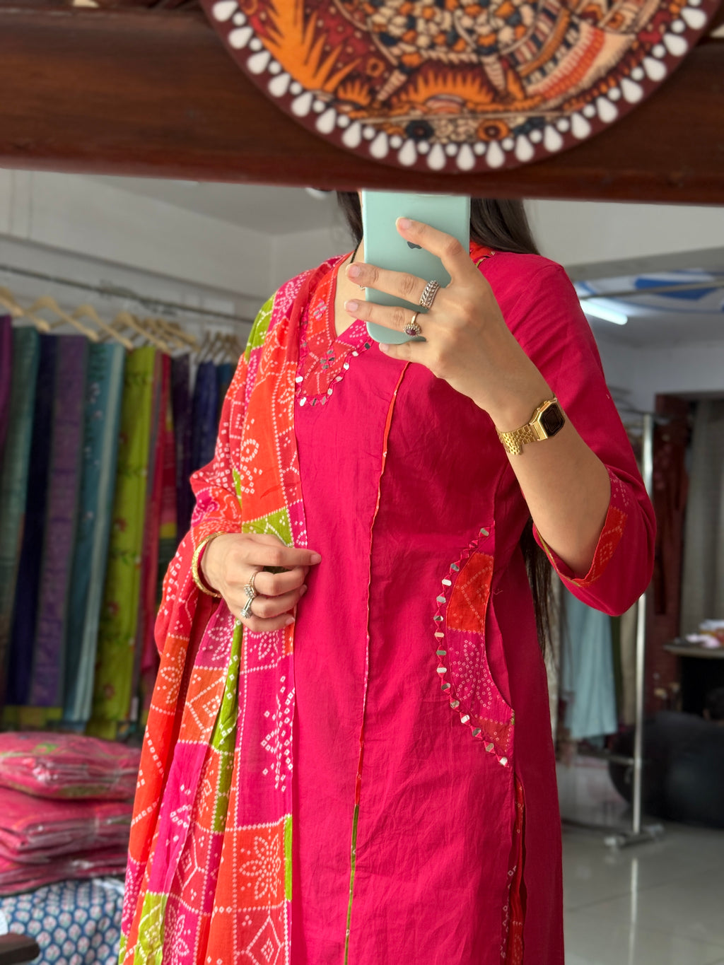 Pink Bandhej| Dual tone | Beautiful Suit Set | Cotton| With pocket in kurta & Bottom