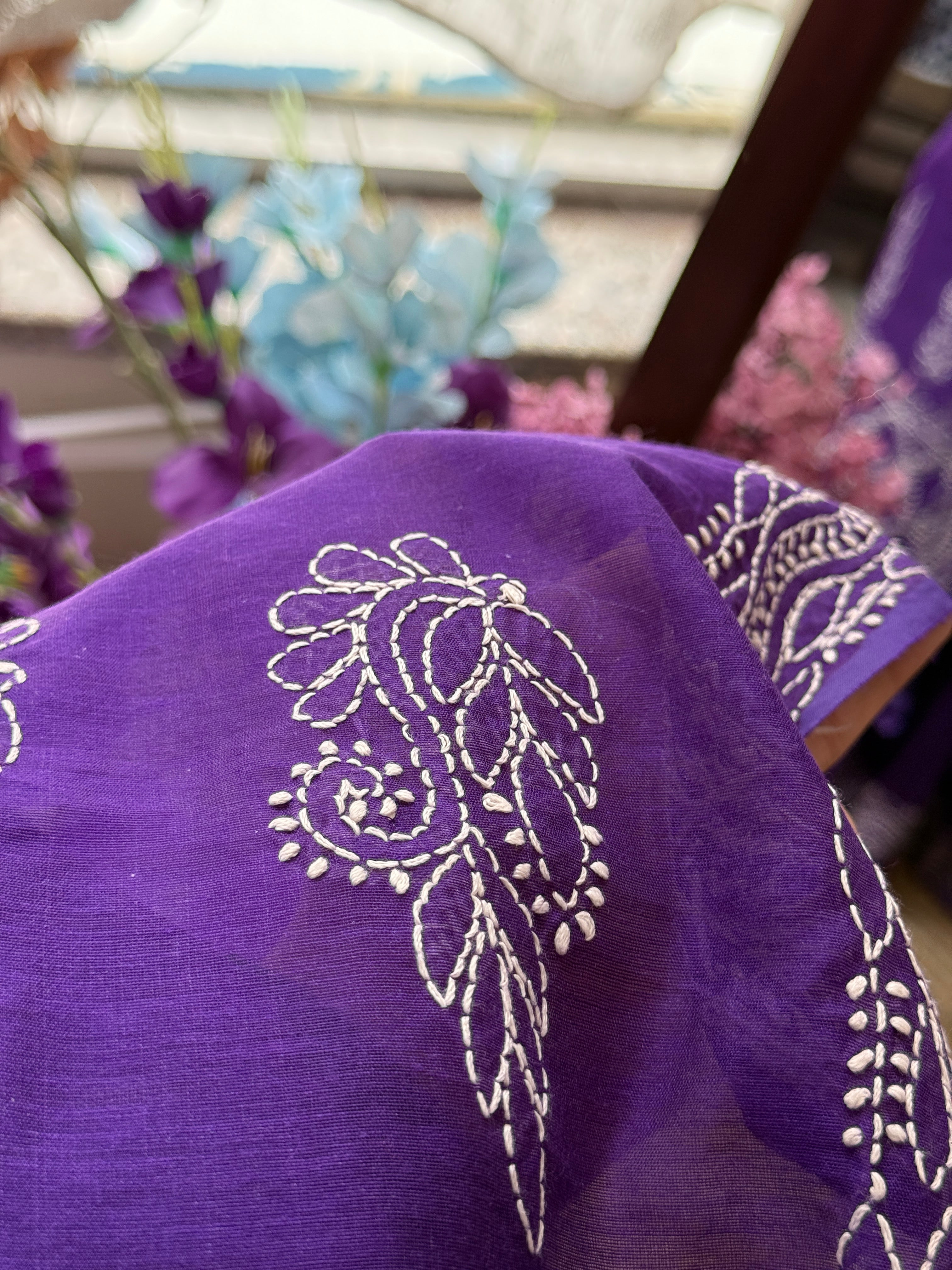 Purple Hand Embroidered Chikanakri Saree| Mul Chanderi Fabric| With embroidered blouse