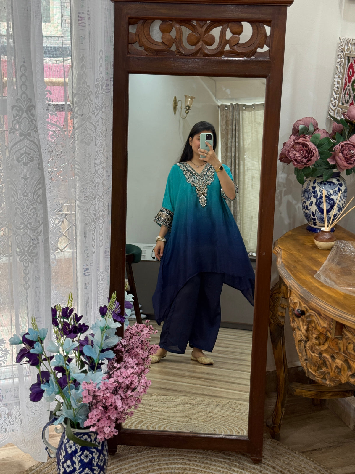 Peacock blue suit | With cotton lining| Embroidered| Stylish neckline