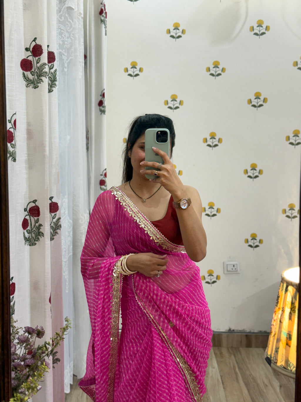Pink Chiffon Leheriya Saree|  Handwork Gota patti work| With blouse
