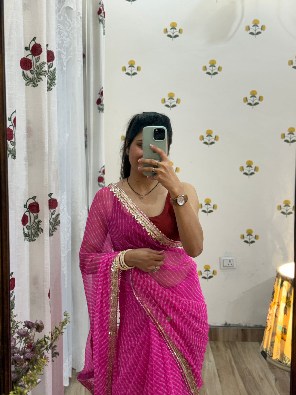 Pink Chiffon Leheriya Saree|  Handwork Gota patti work| With blouse