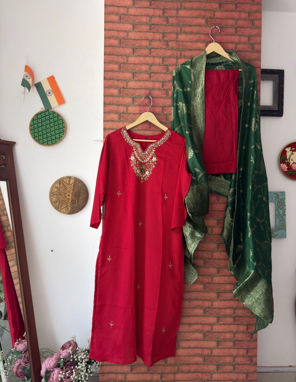 Red Green Suit |With lining| Embroidered| Silk