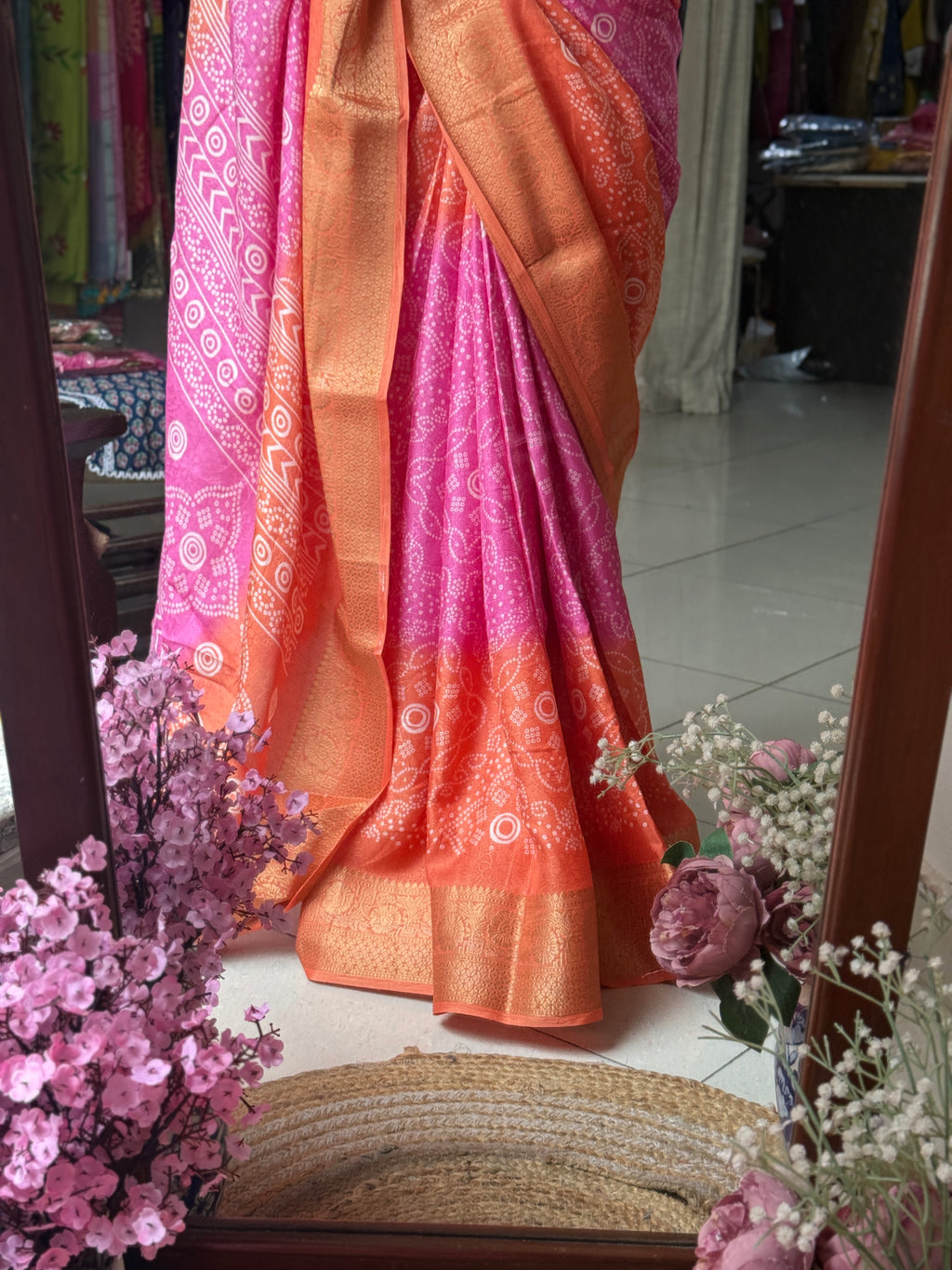 Orange Pink Bandhani Saree|  Woven border on both sides| With blouse| Self weave dola silk