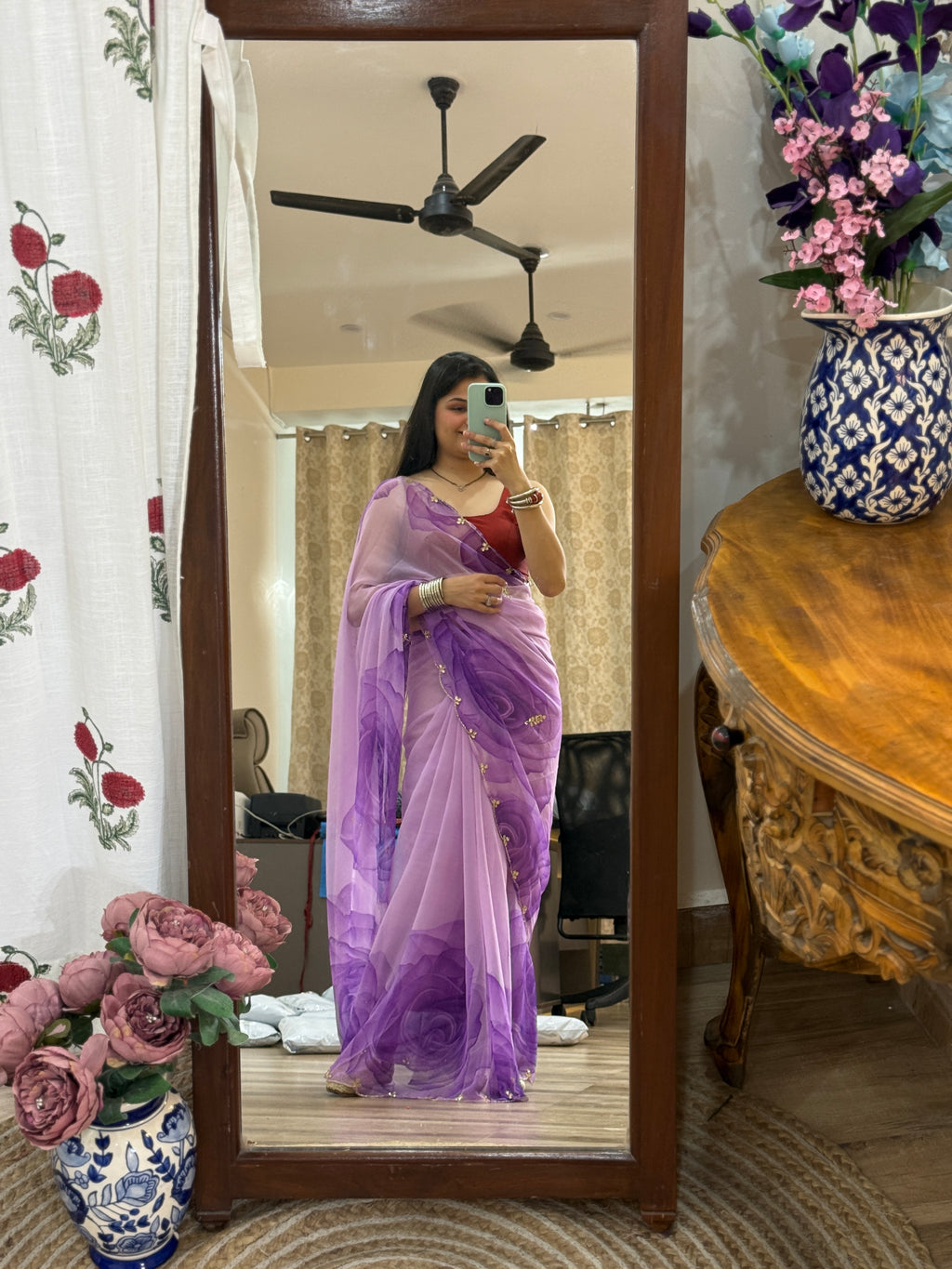 Floral Pure Georgette Handblock Digital Printed Saree| Handwork cutdana detailing| Without blouse