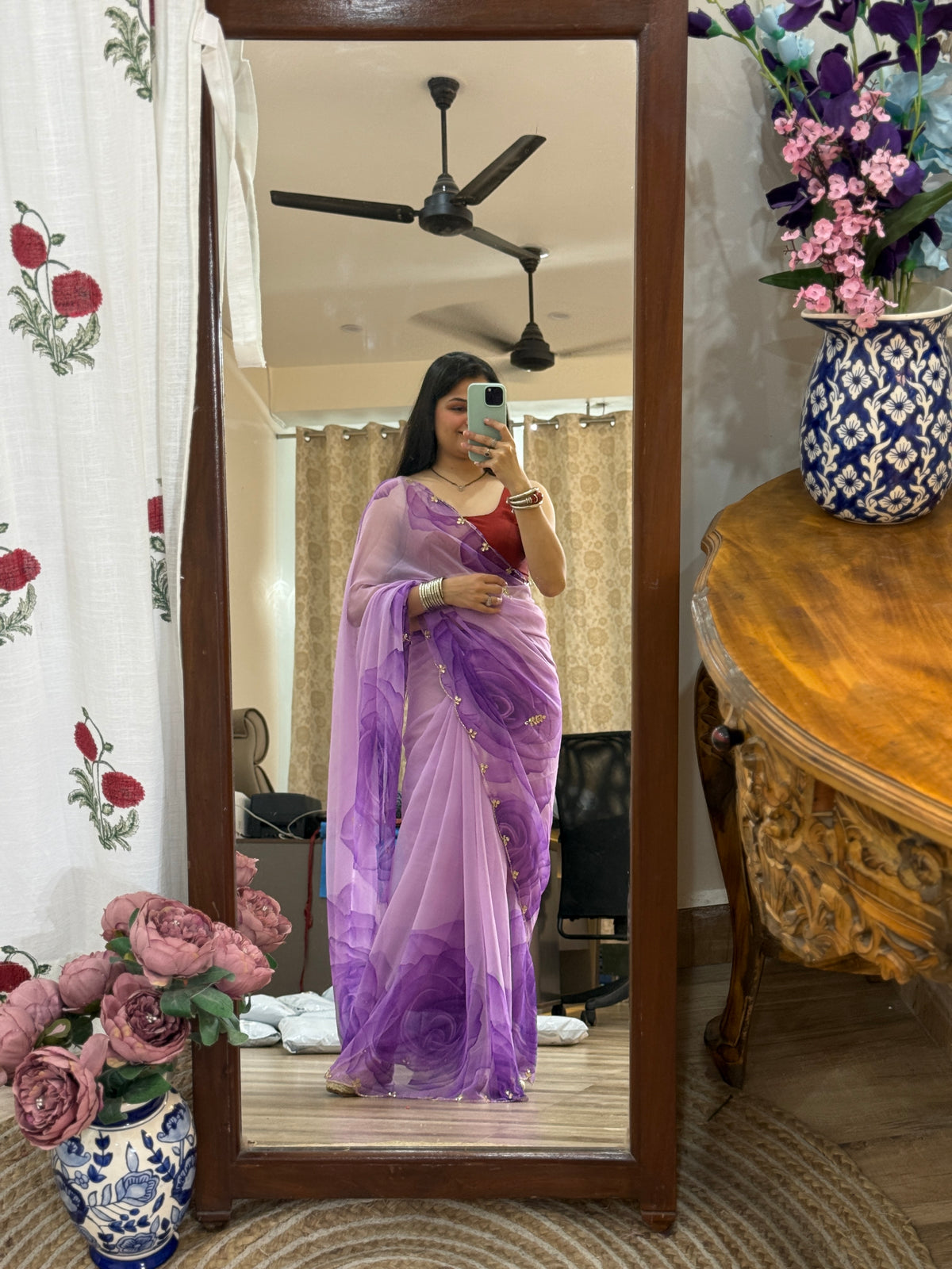 Floral Pure Georgette Handblock Digital Printed Saree| Handwork cutdana detailing| Without blouse