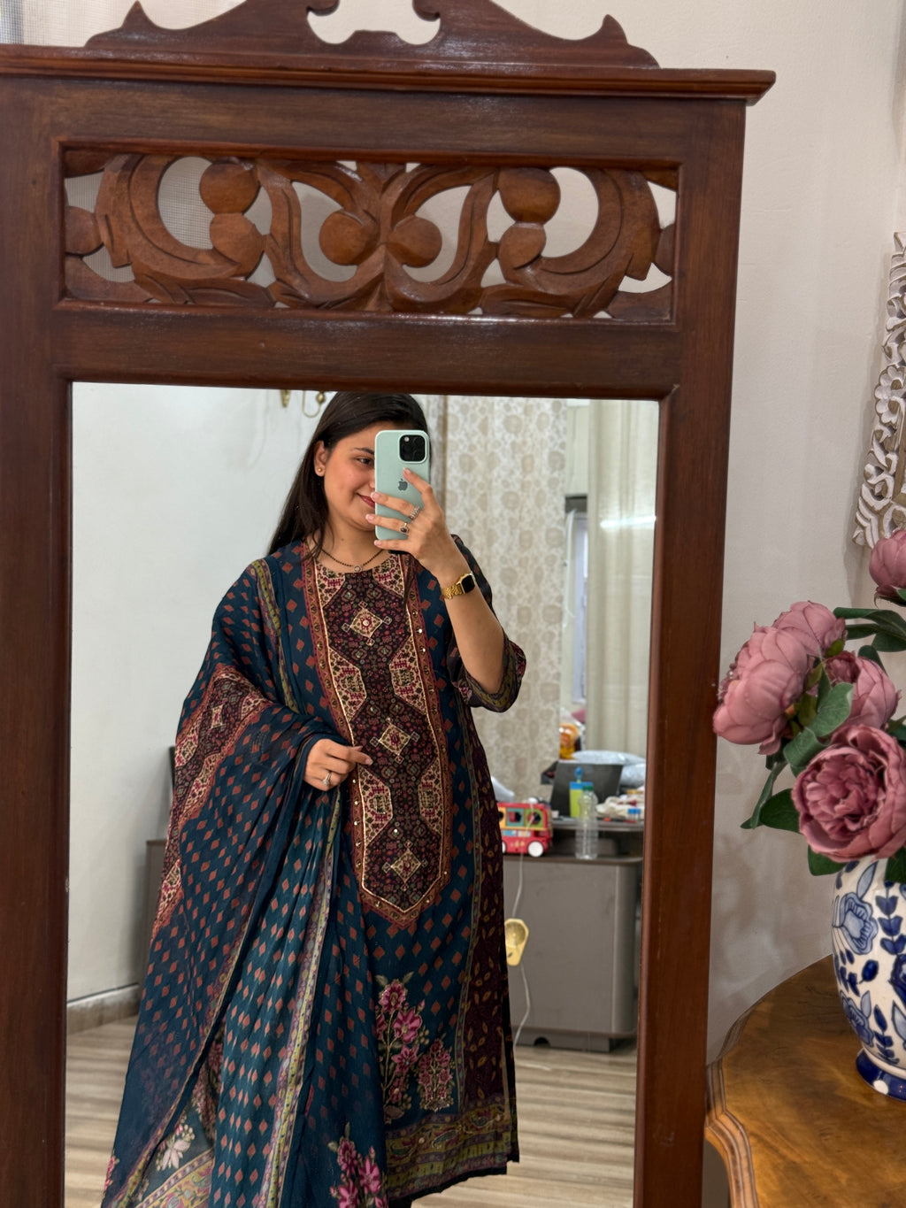 Designer Blue floral Suit Set with Hand Embroidery | Cotton Lining| BeautifulDuppata | Muslin