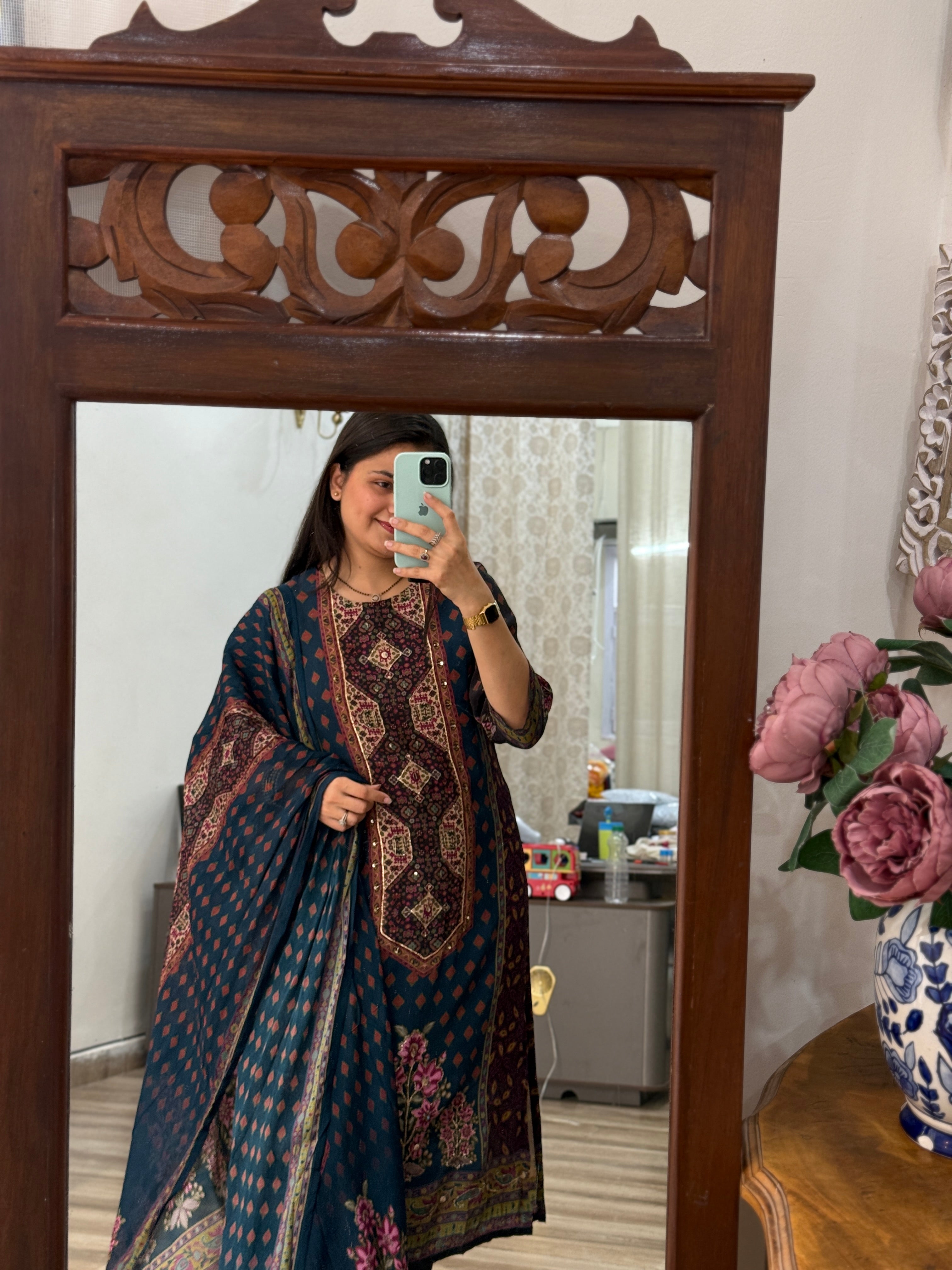 Designer Blue floral Suit Set with Hand Embroidery | Cotton Lining| BeautifulDuppata | Muslin