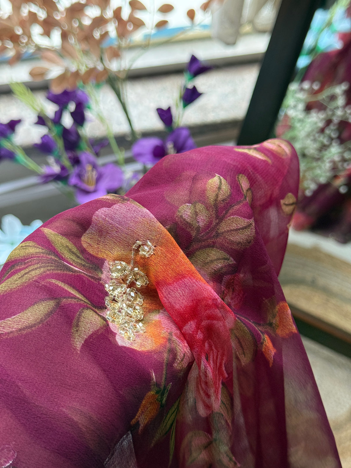 Wine Pure Georgette Handblock Digital Printed Saree| Handwork cutdana detailing| Without blouse