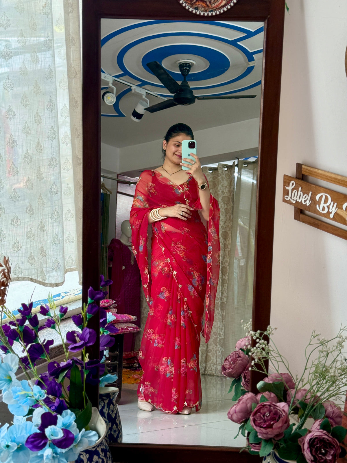 Red Floral |Pure Georgette Digital Printed Saree| Handwork cutdana detailing| Without blouse