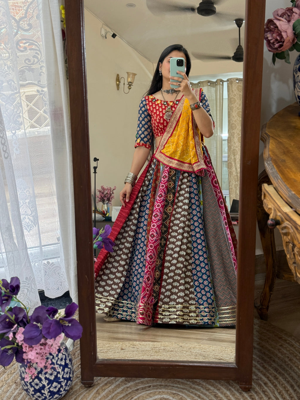 Garba Skirt| Cotton Block Printed Fabric| With inner| Gota pattiwork | 9-10 meters flair