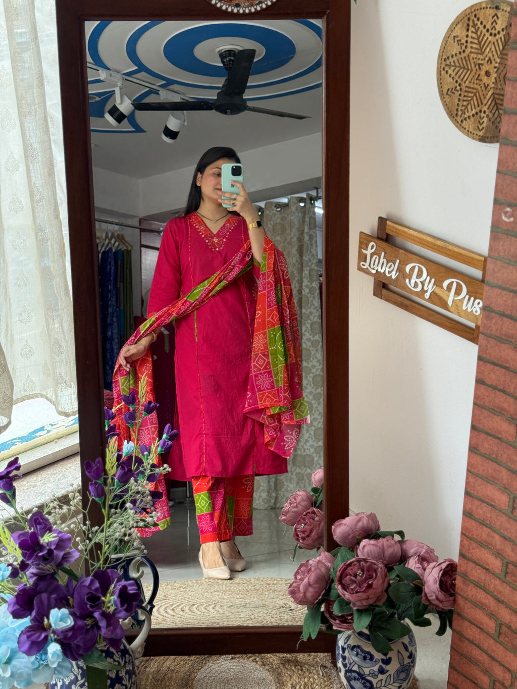 Pink Bandhej| Dual tone | Beautiful Suit Set | Cotton| With pocket in kurta & Bottom