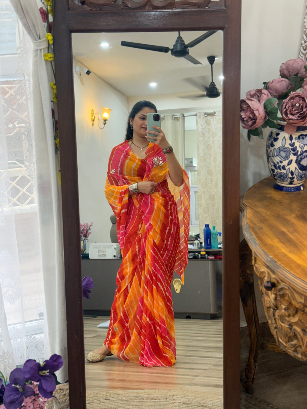 Leheriya  |Pure Georgette Digital Printed Saree| Handwork cutdana detailing| With blouse