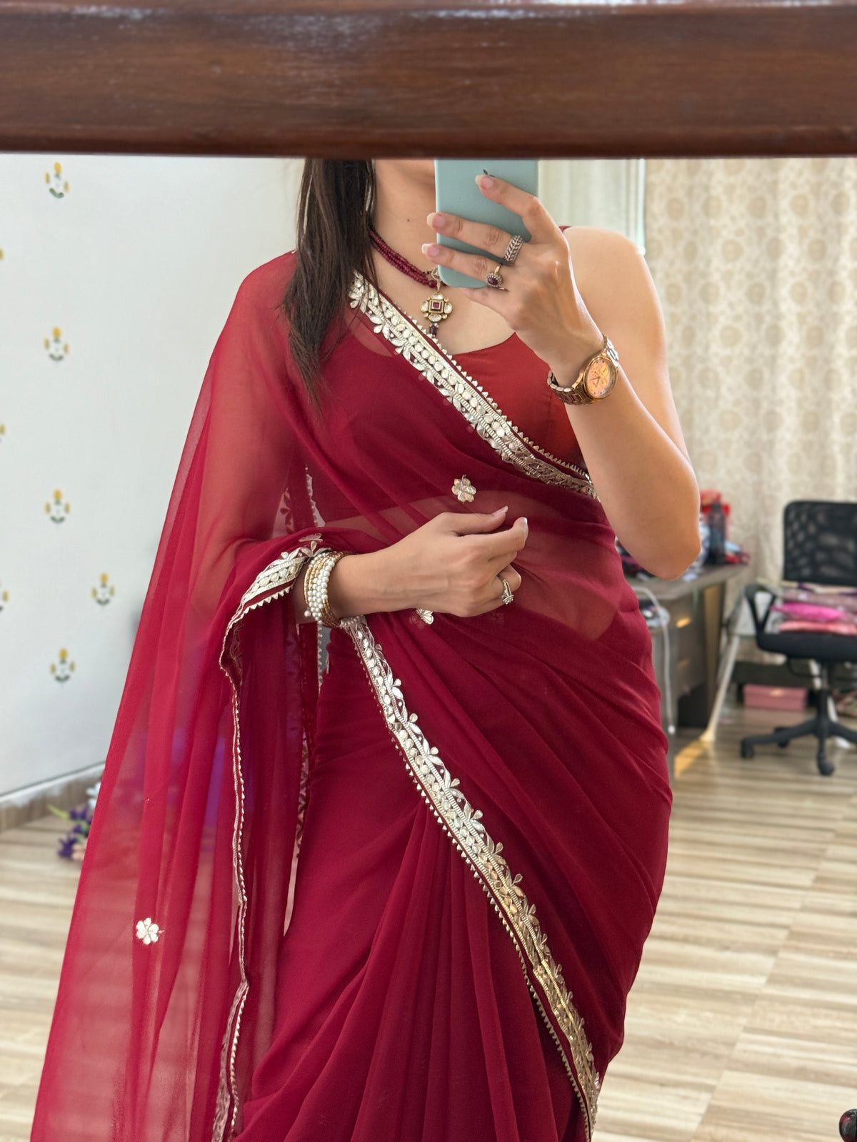 Red Wine Georgette Saree | Gotta Pati Handwork | With blouse